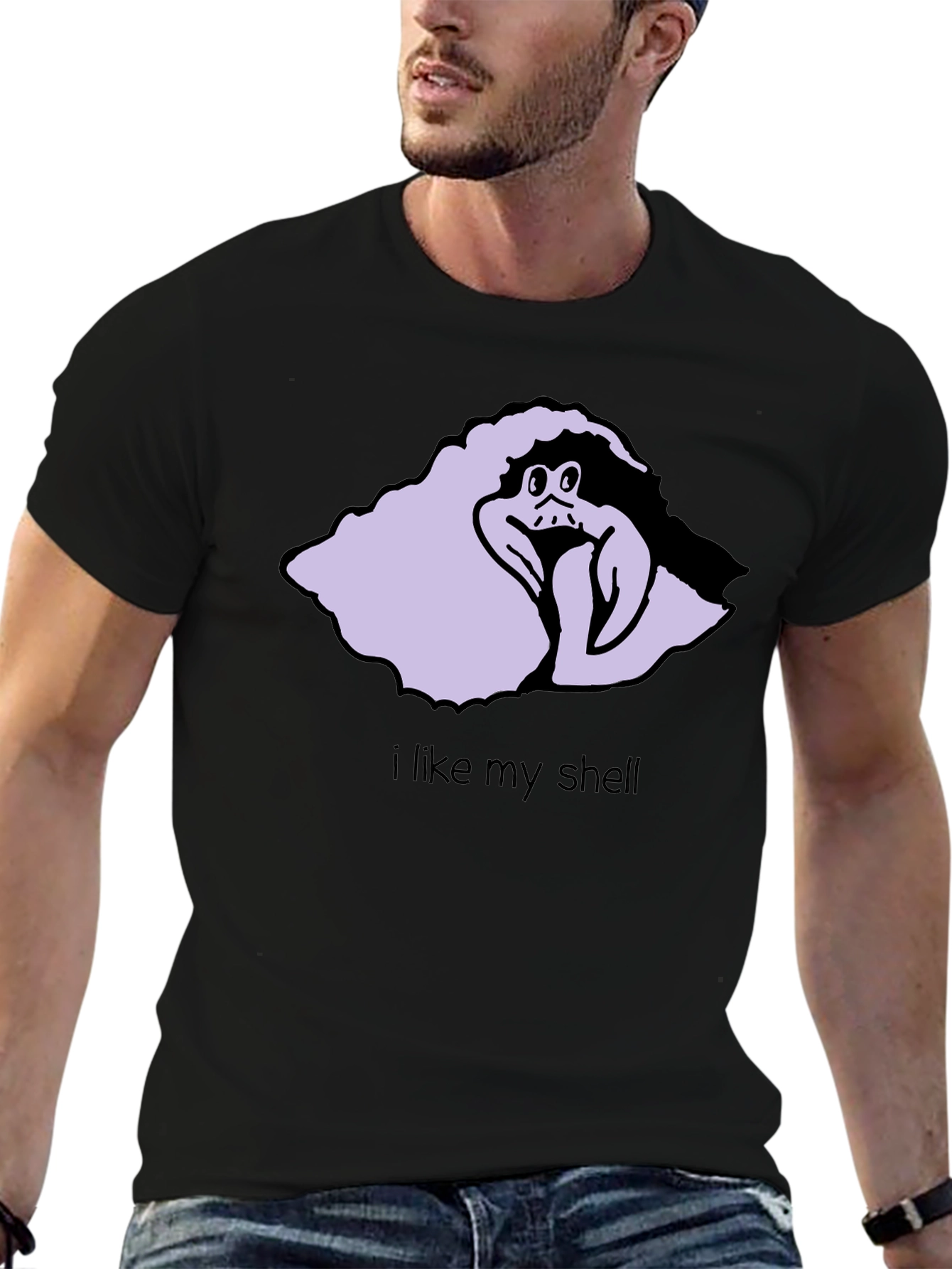 Black Funny Cartoon Hermit Crab T-Shirt - I Like My Shell view 6