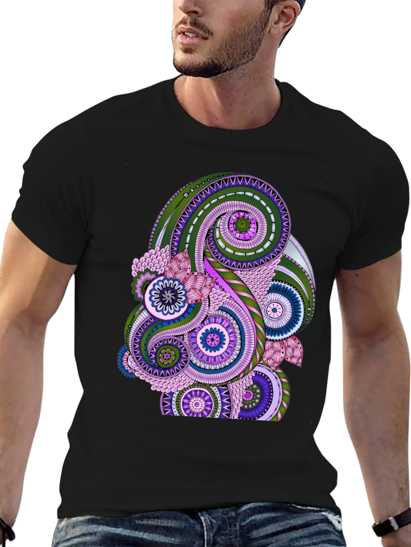 Black Paisley Pattern Black T-Shirt - Stylish Casual Wear view 6
