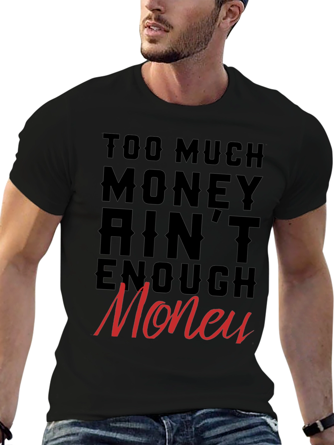 Black Too Much Money Men's Graphic Tee - Stylish Crew Neck Shirt view 6