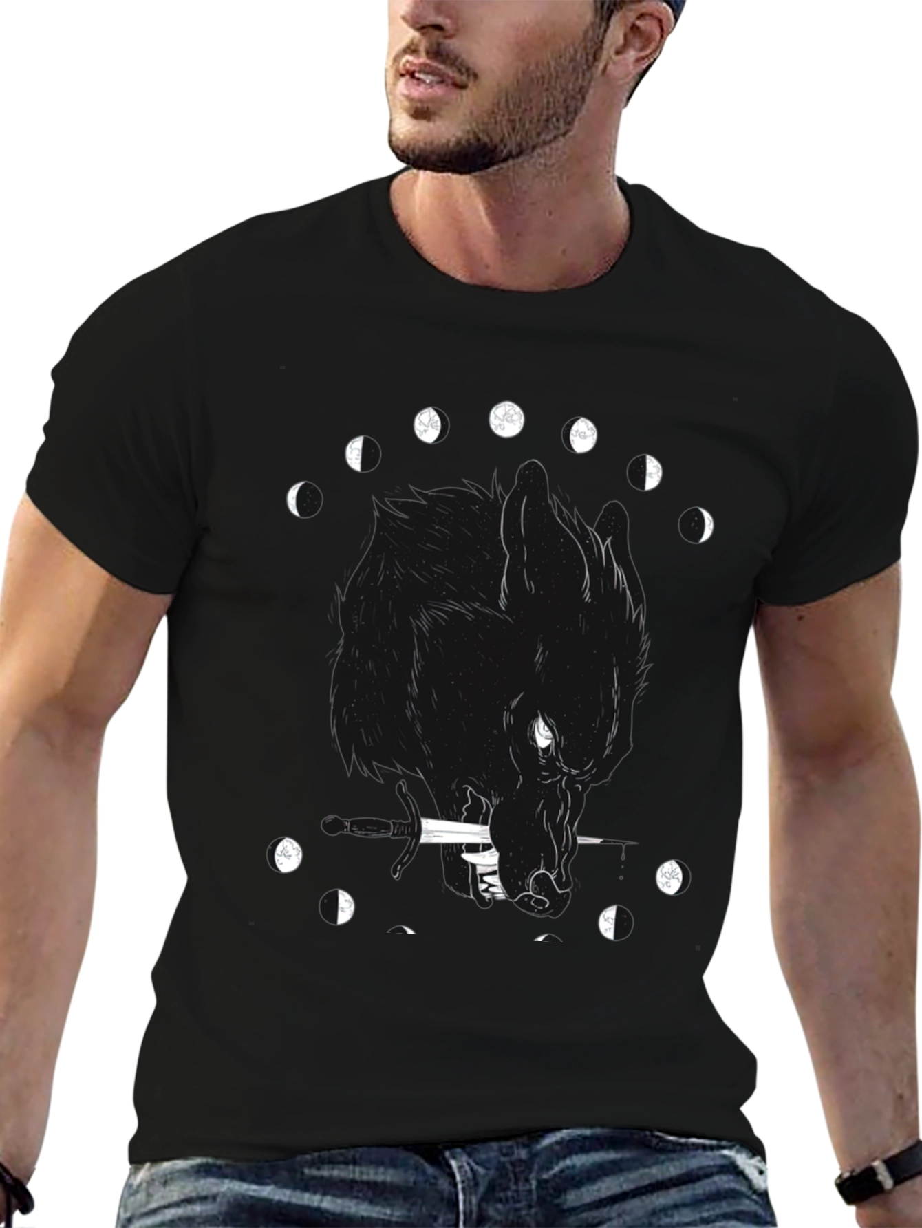 Black Wolf Moon Phases Graphic T-Shirt - Black Cotton Tee view 6