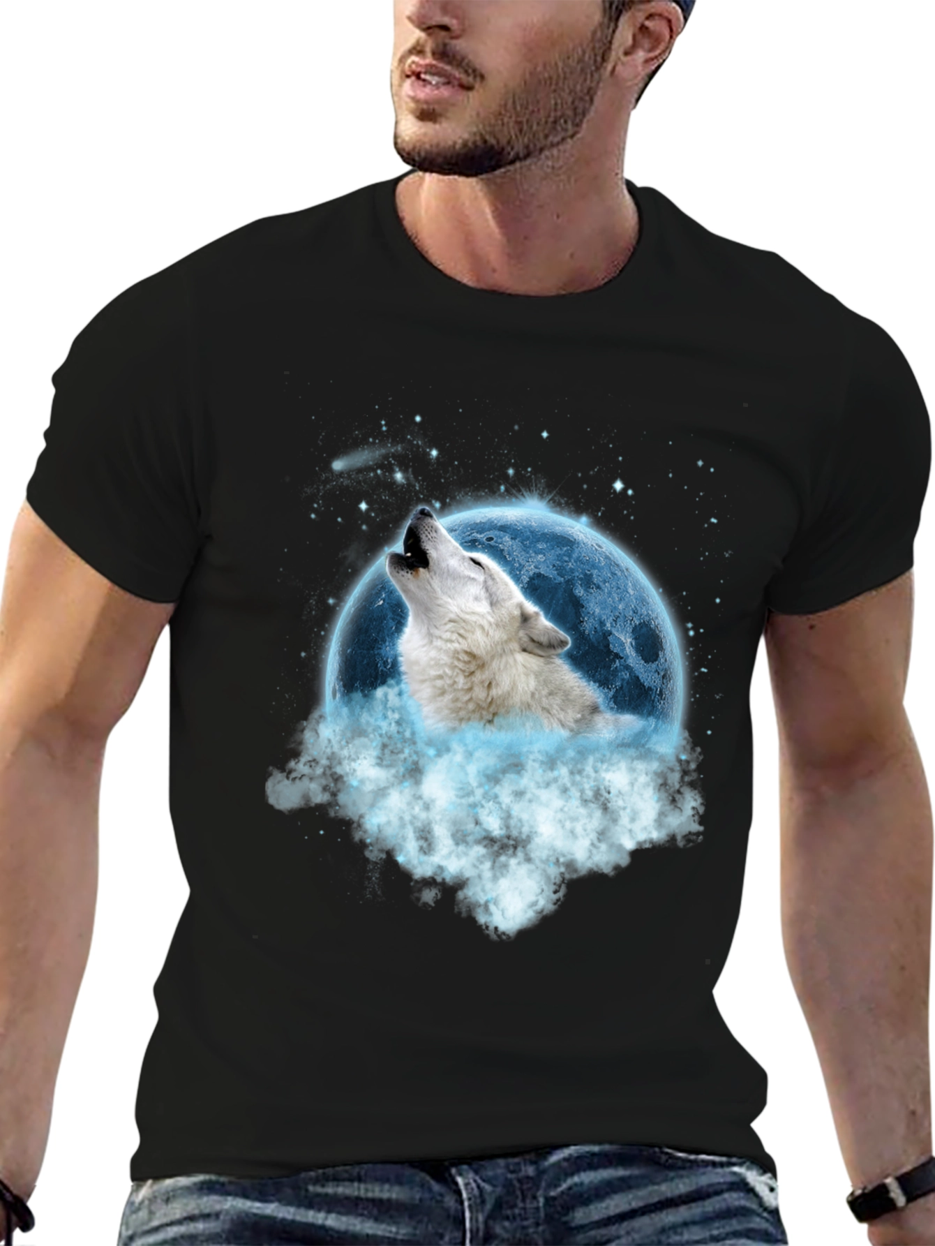 Black Wolf Howling at Moon Graphic Tee view 6