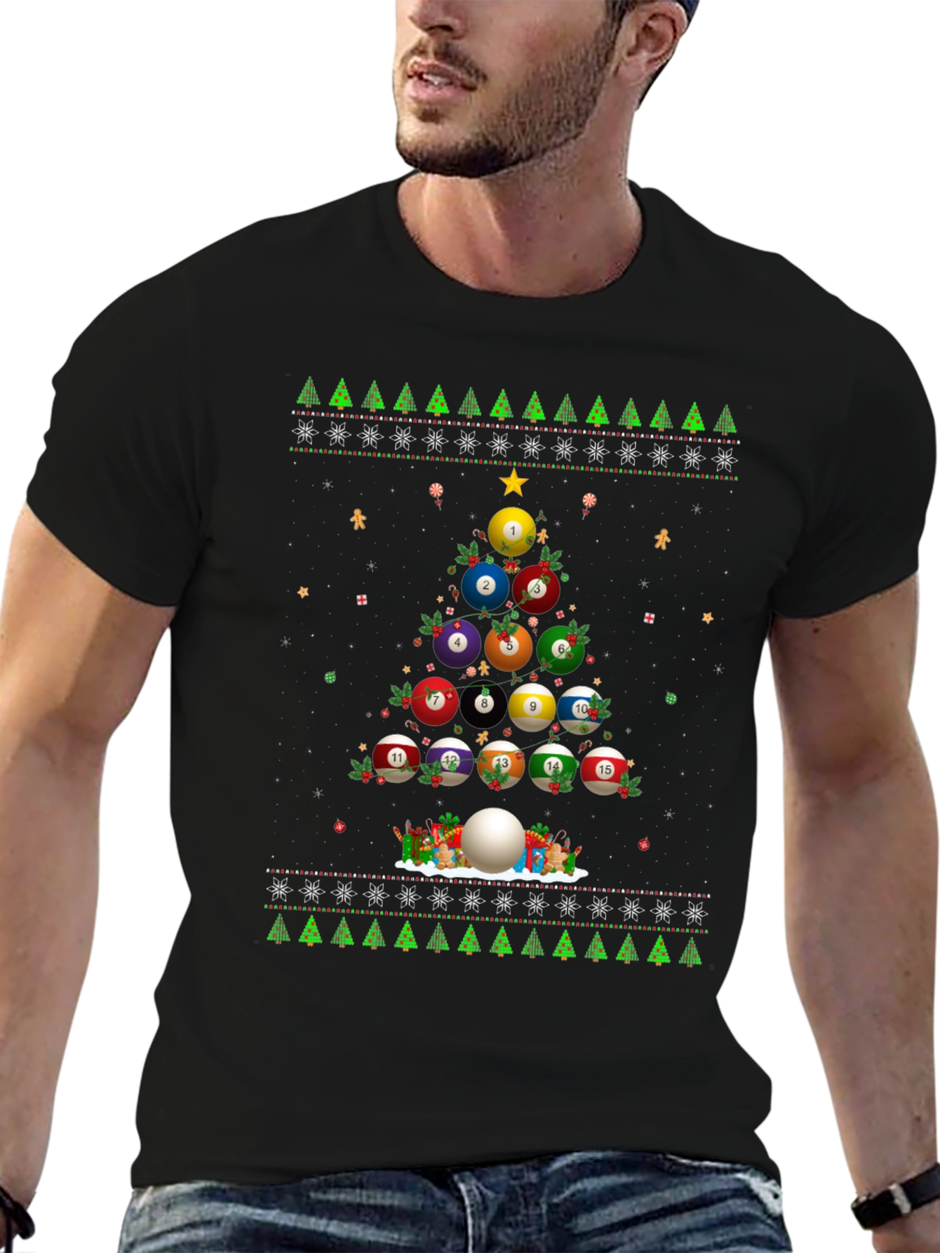 Black Billiard Ball Christmas Tree Holiday T-Shirt view 6