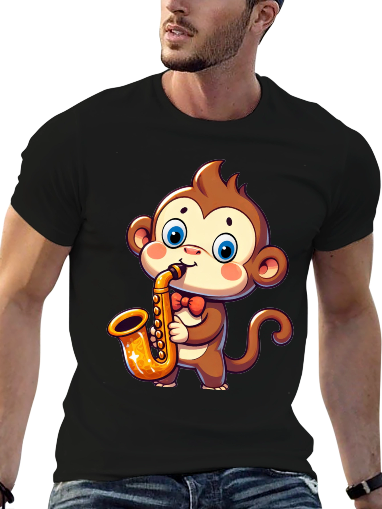 Black Monkey Saxophone T-Shirt - Cute Cartoon Design view 6