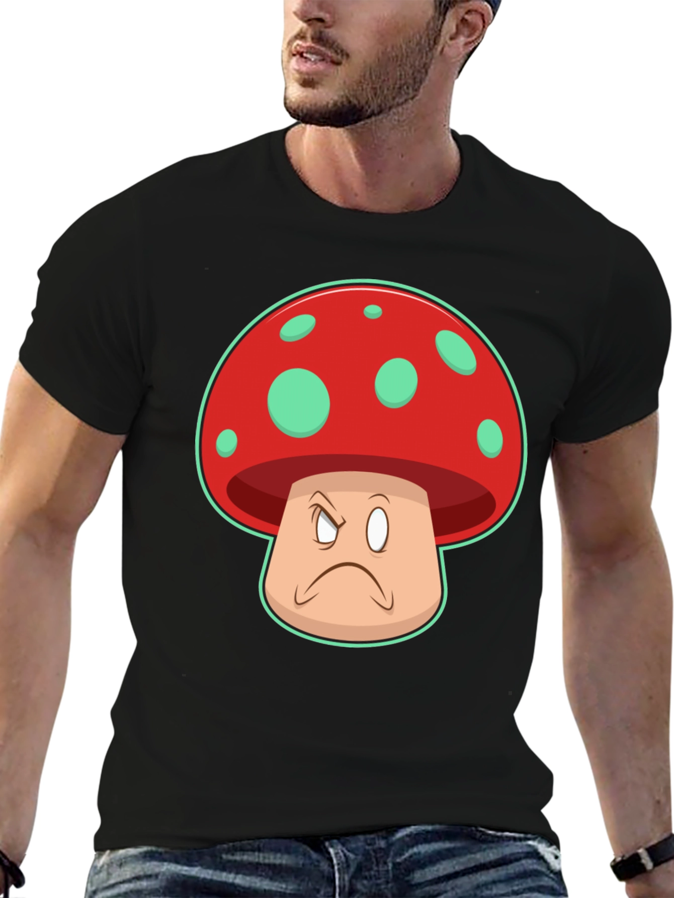 Black Grumpy Mushroom Graphic T-Shirt - Unisex Cotton Tee view 6