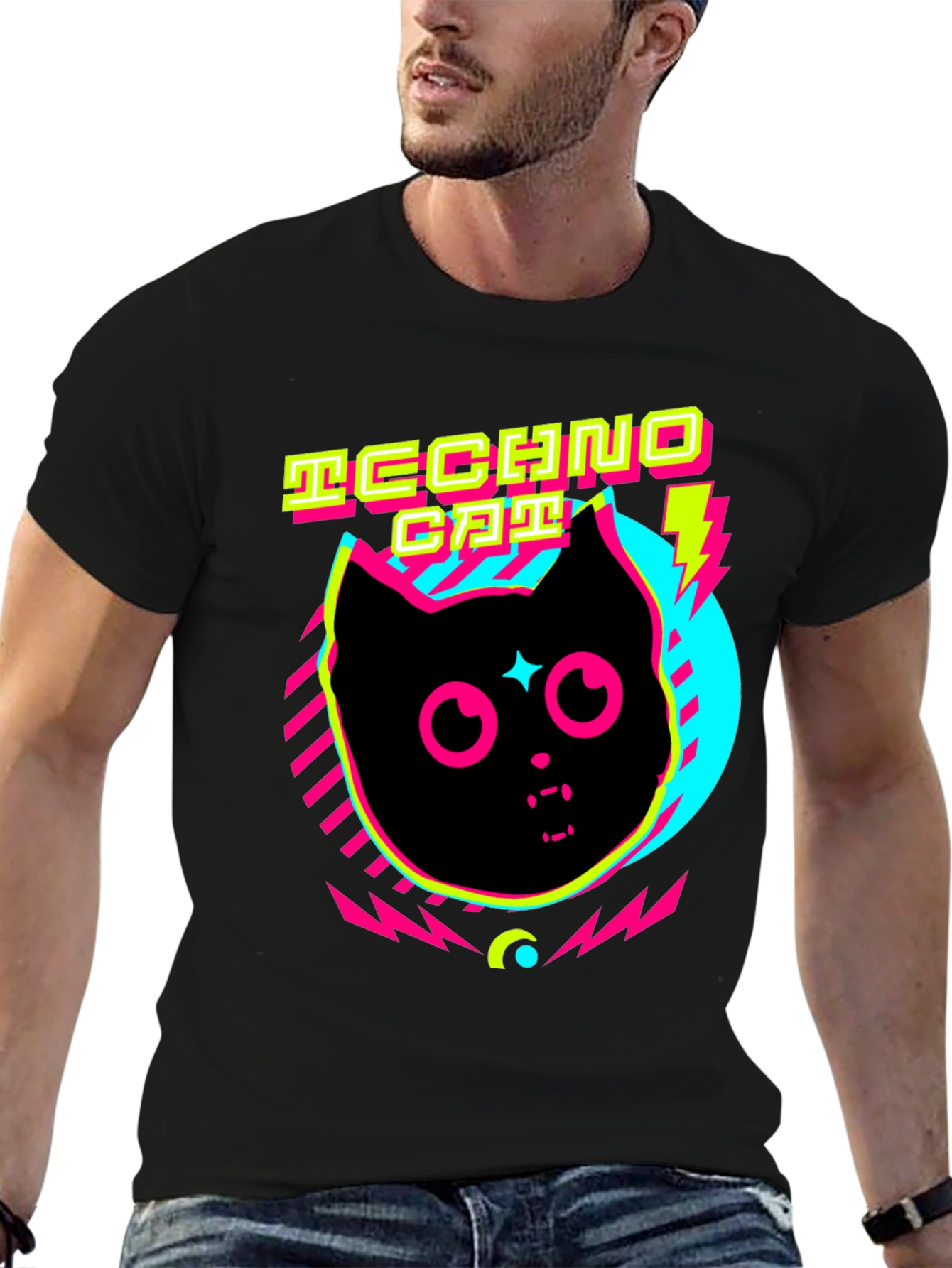 Black Techno Cat T-Shirt Neon Graphic Tee view 6