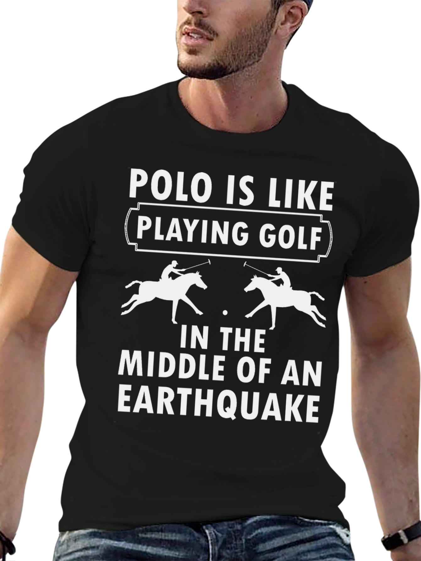 Black Polo Earthquake Graphic T-Shirt Funny Horse Lover Tee view 6
