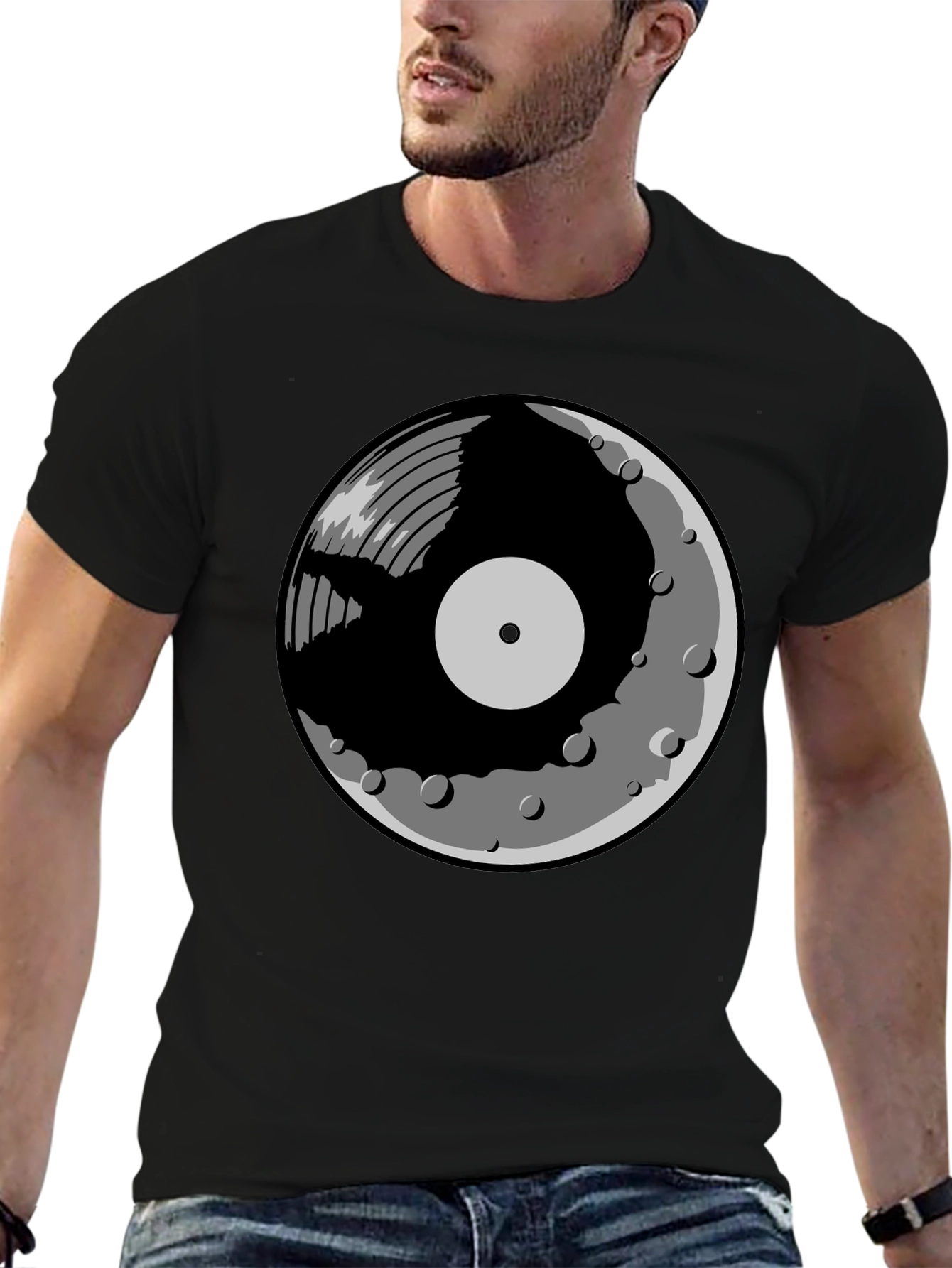 Black Vinyl Moon Graphic Tee - Music Lover Shirt view 6