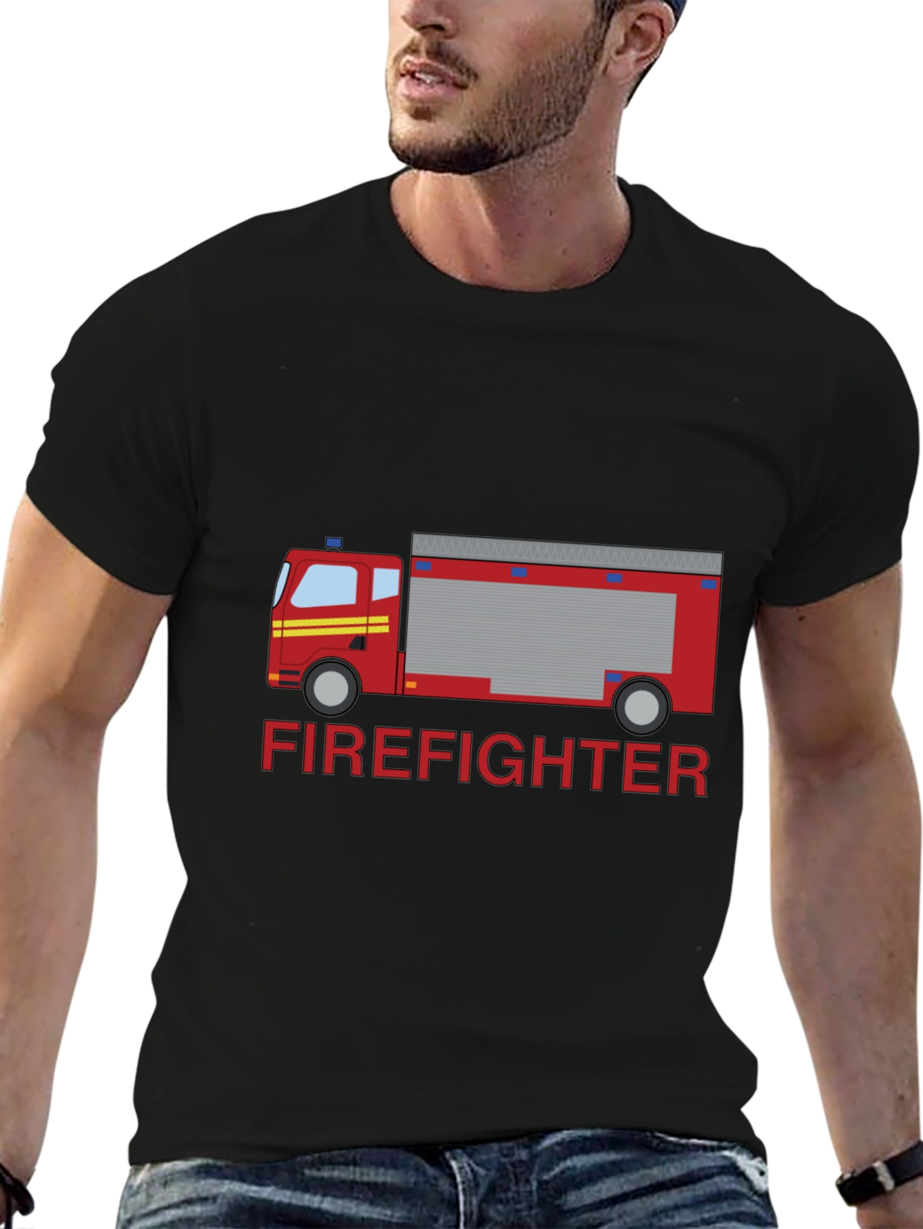 Black Firefighter Truck Graphic Tee - Black Cotton T-Shirt view 6
