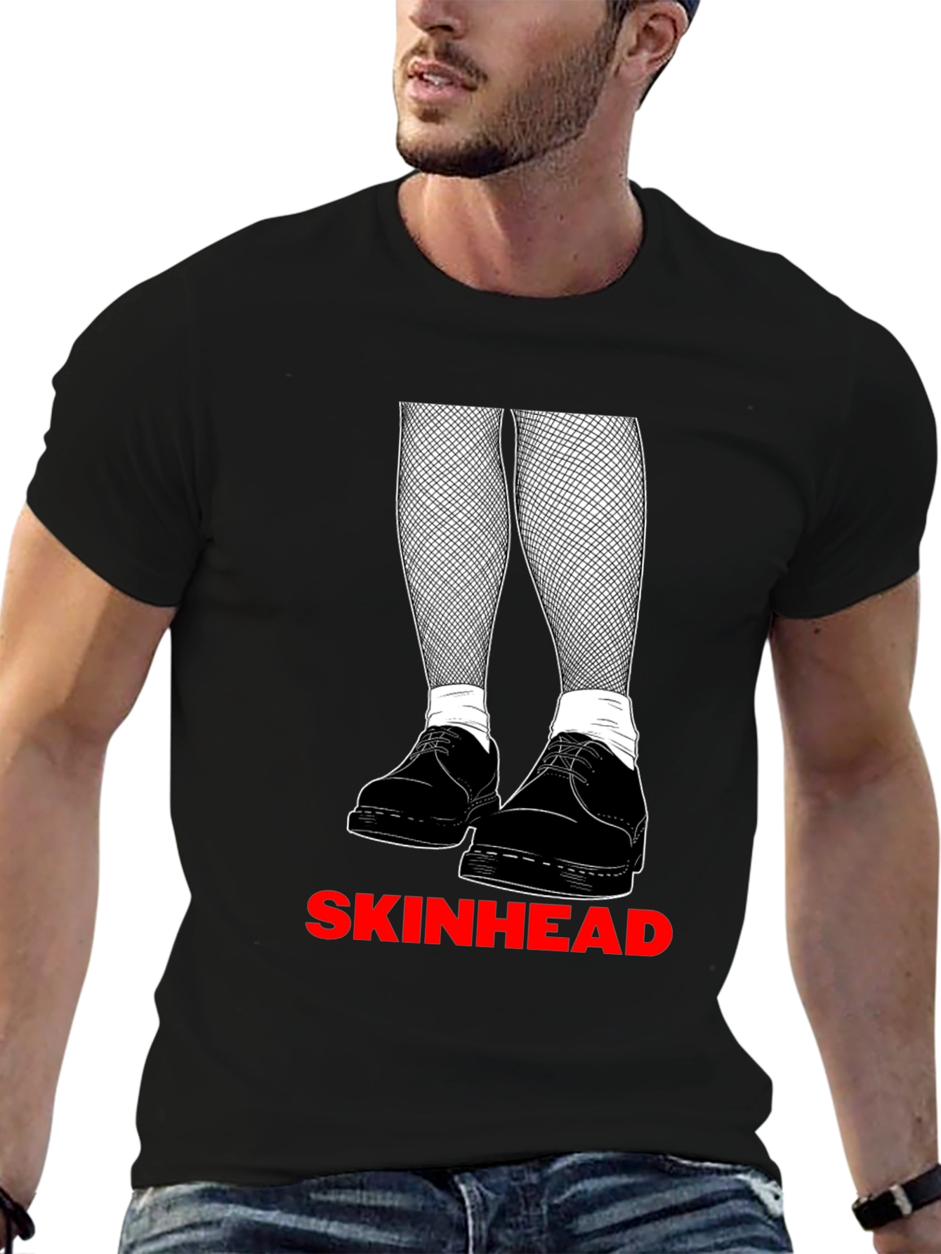 Black Skinhead Graphic Tee - Black Crew Neck T-Shirt view 6