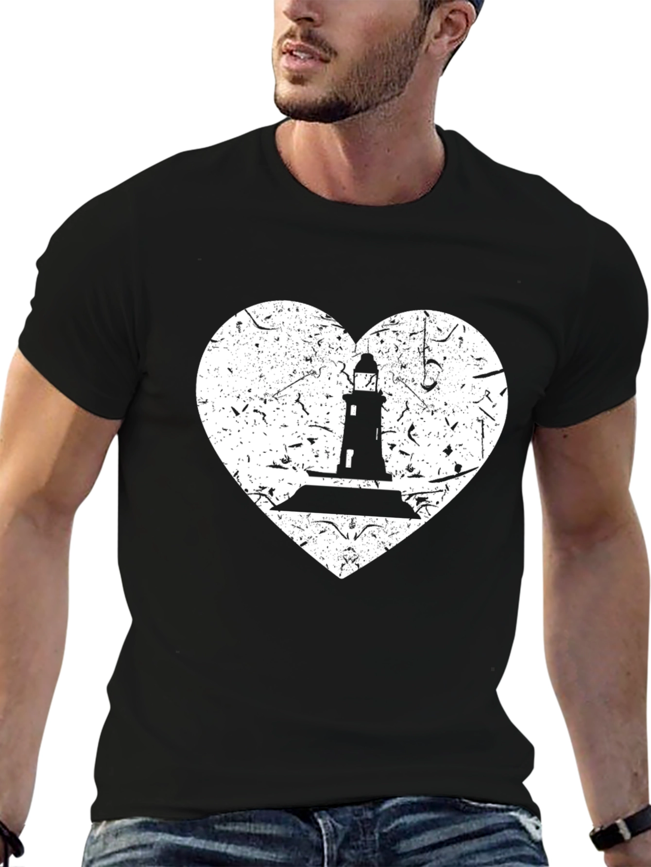 Black Lighthouse Heart Graphic Tee - Black Cotton T-Shirt view 6