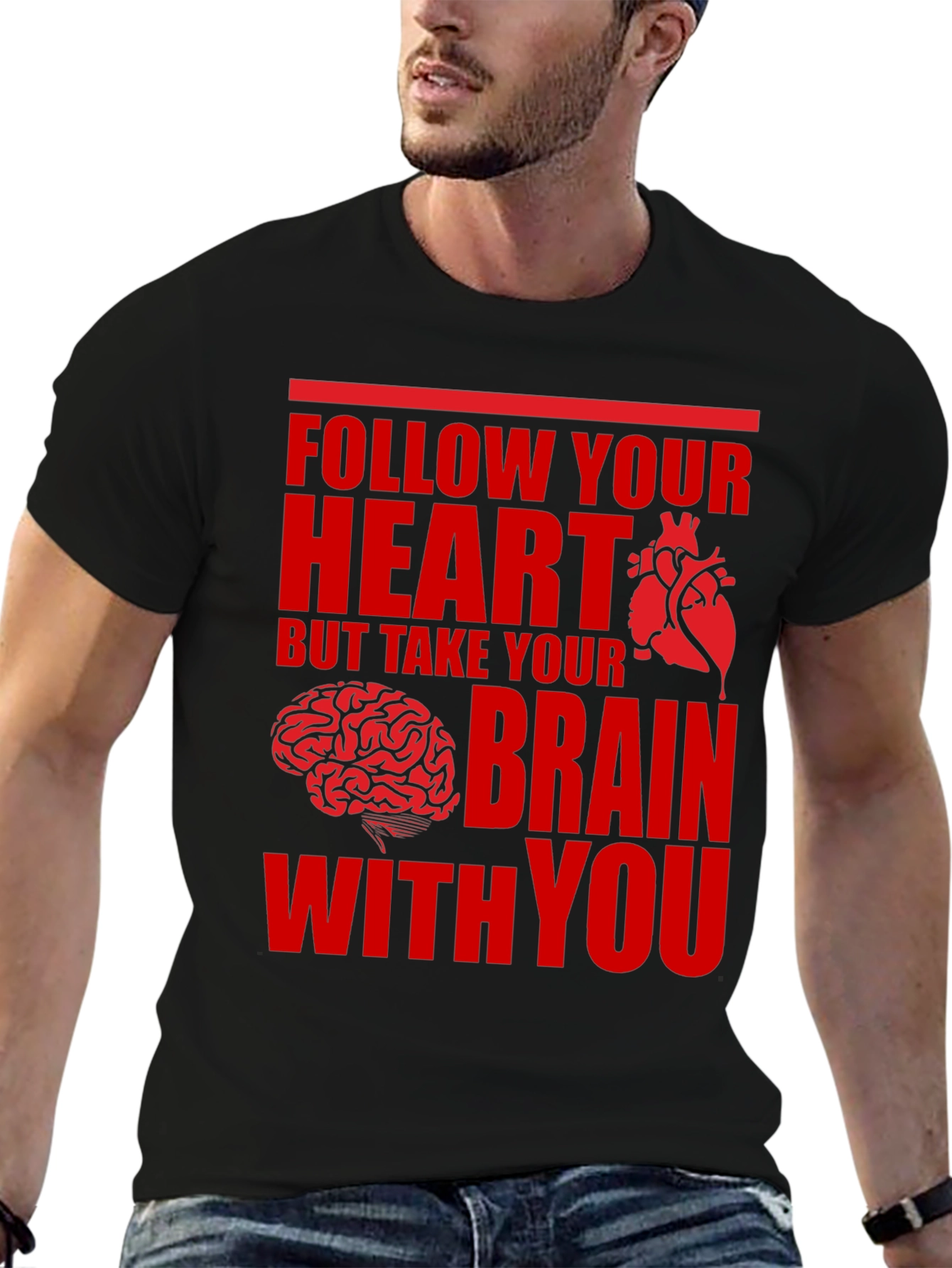 Black Follow Your Heart Brain Graphic Tee view 6