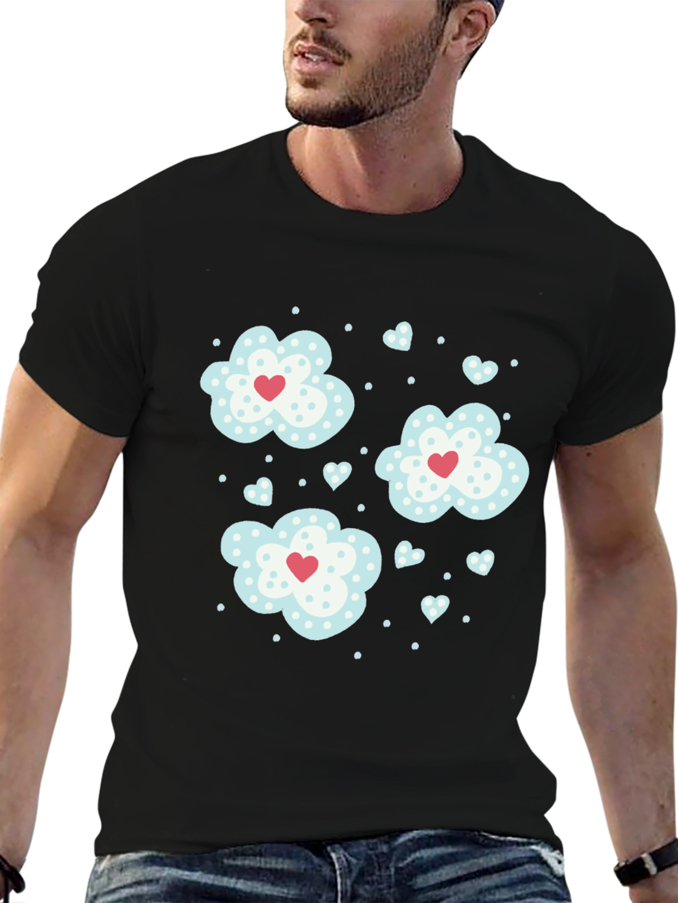 Black Cute Clouds & Hearts Graphic Tee - Black Casual T-Shirt view 6