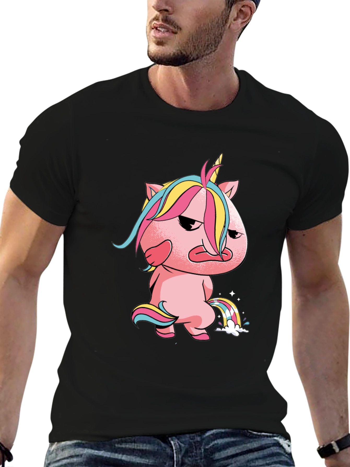 Black Grumpy Unicorn Rainbow T-Shirt view 6