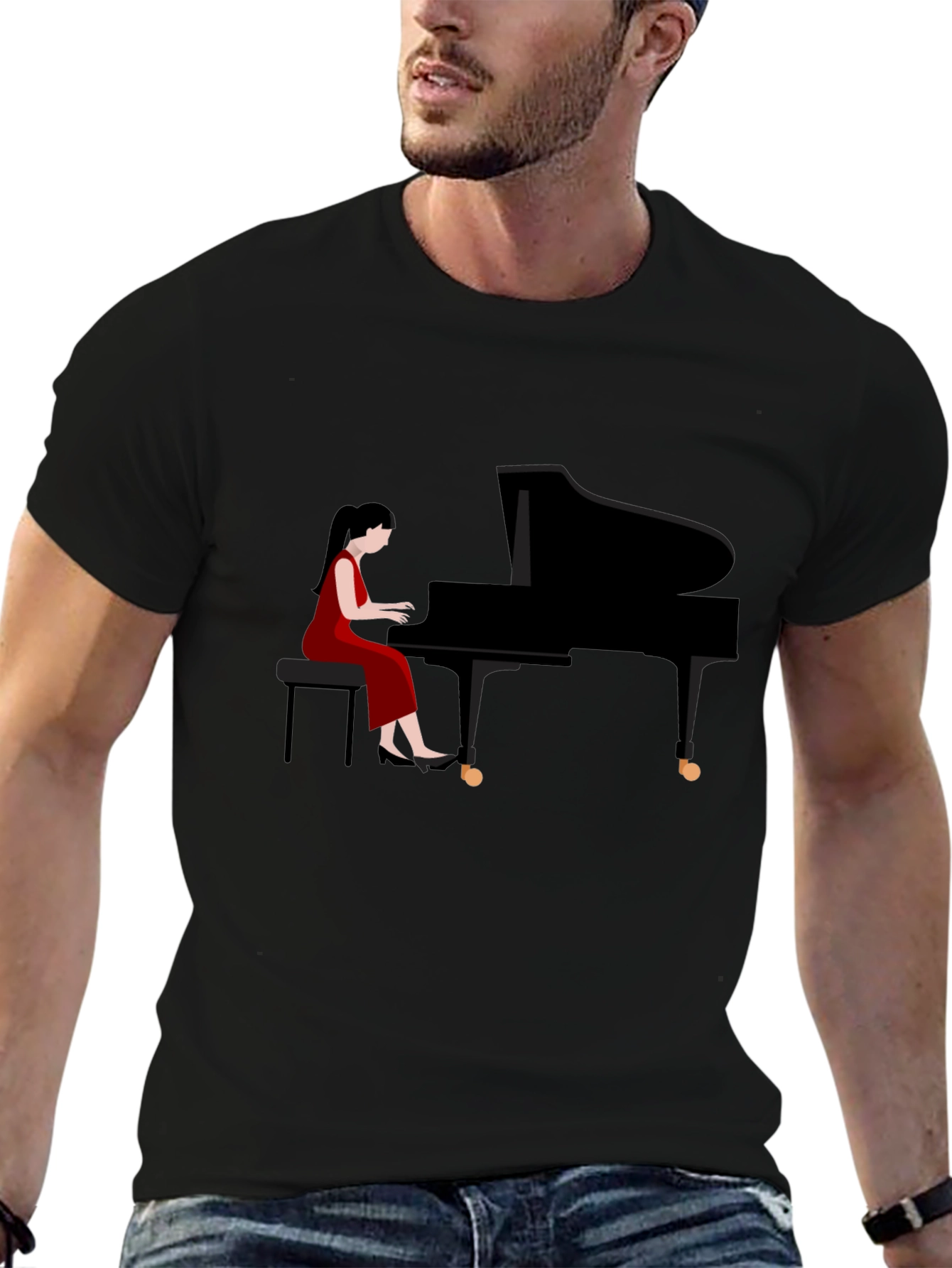 Black Piano Player Graphic Tee - Stylish Musician T-Shirt view 6