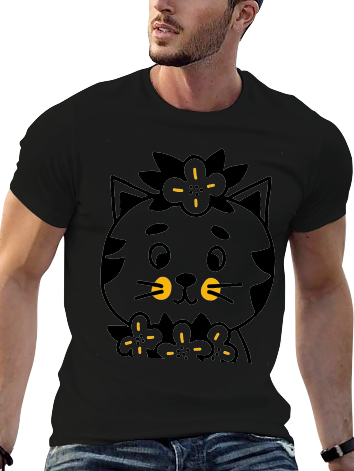 Black Cute Black Cat T-Shirt - Floral Accent view 6