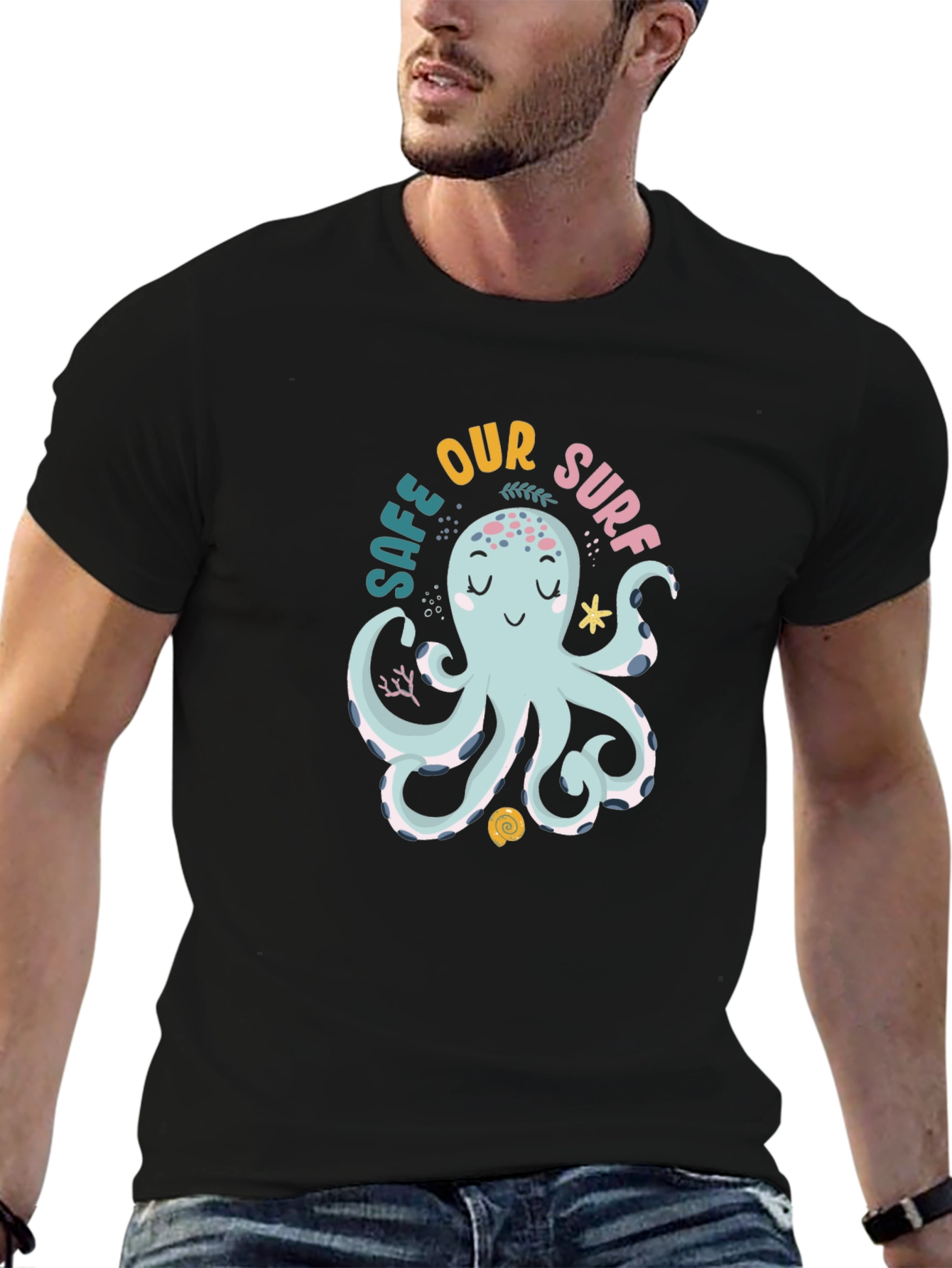 Black Cute Octopus Graphic Tee - 'Safe Our Surf' Black Cotton T-Shirt view 6