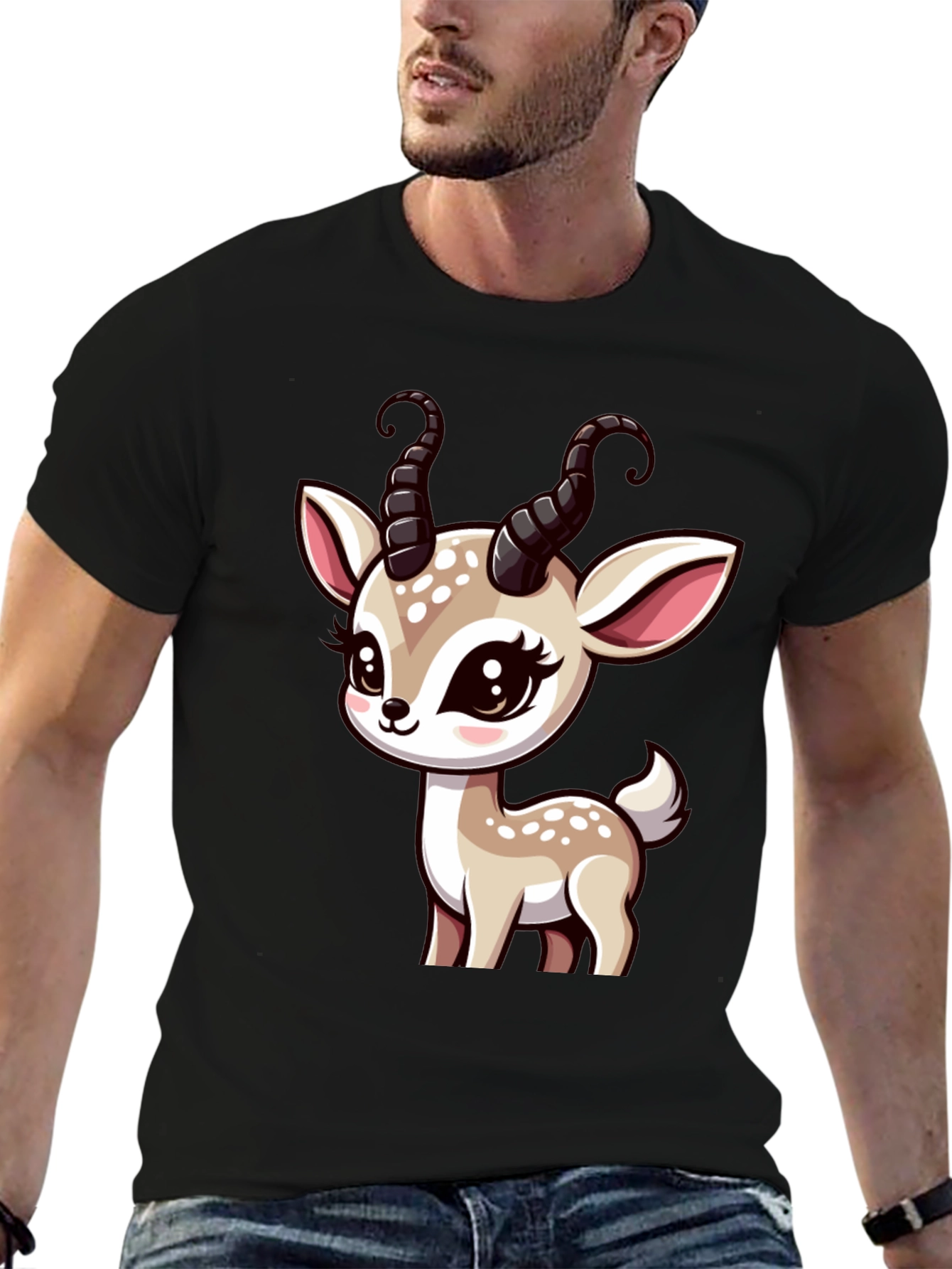 Black Cute Deer Graphic Black T-Shirt view 6