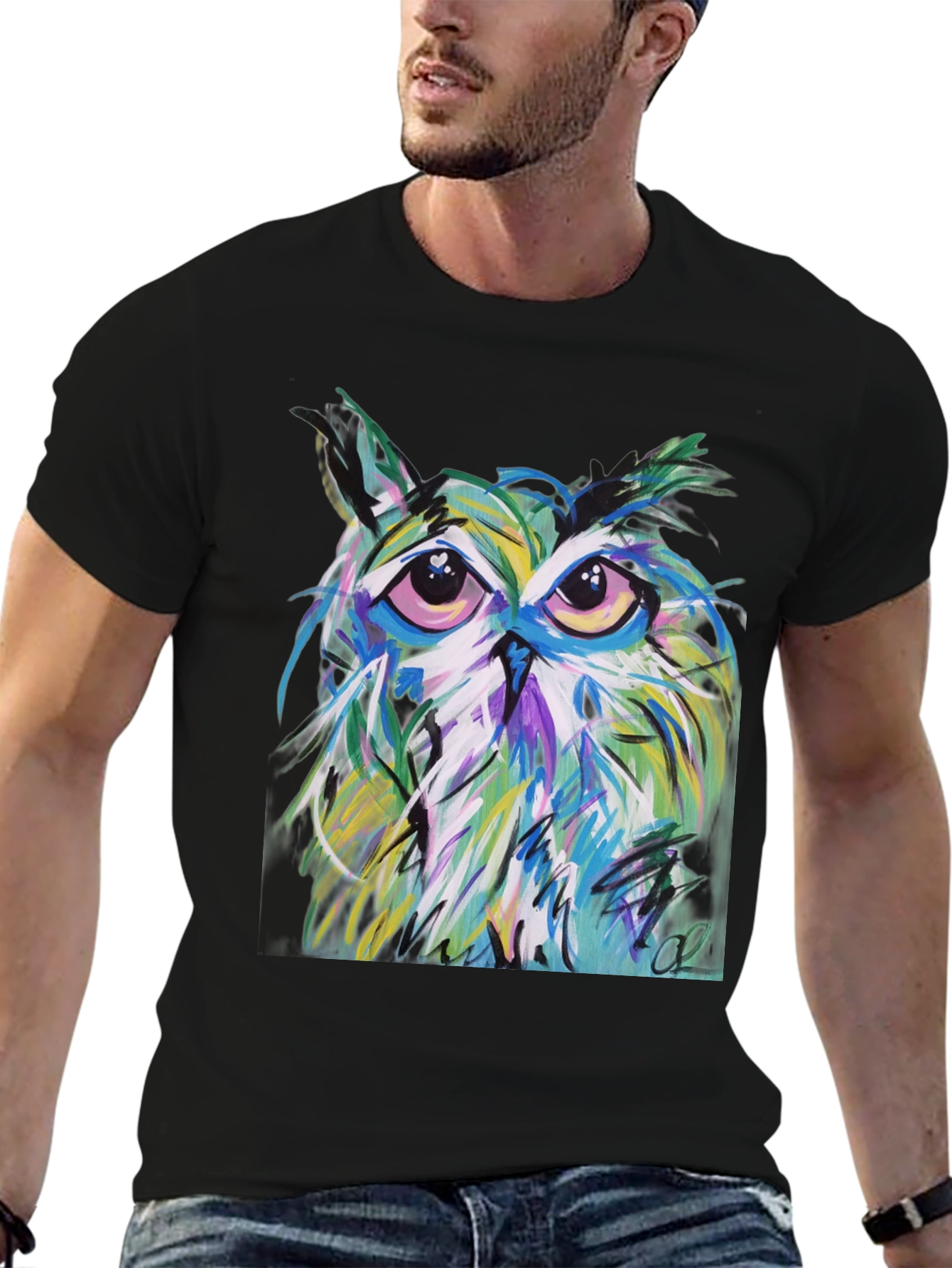 Black Abstract Owl Graphic Tee - Men's Black T-Shirt view 6