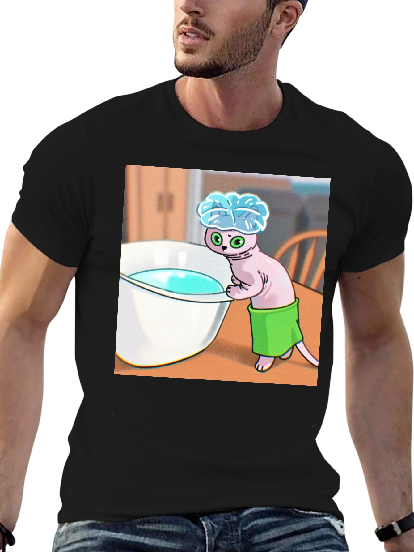 Black Cartoon Cat Bath T-Shirt - Funny Novelty Tee view 6