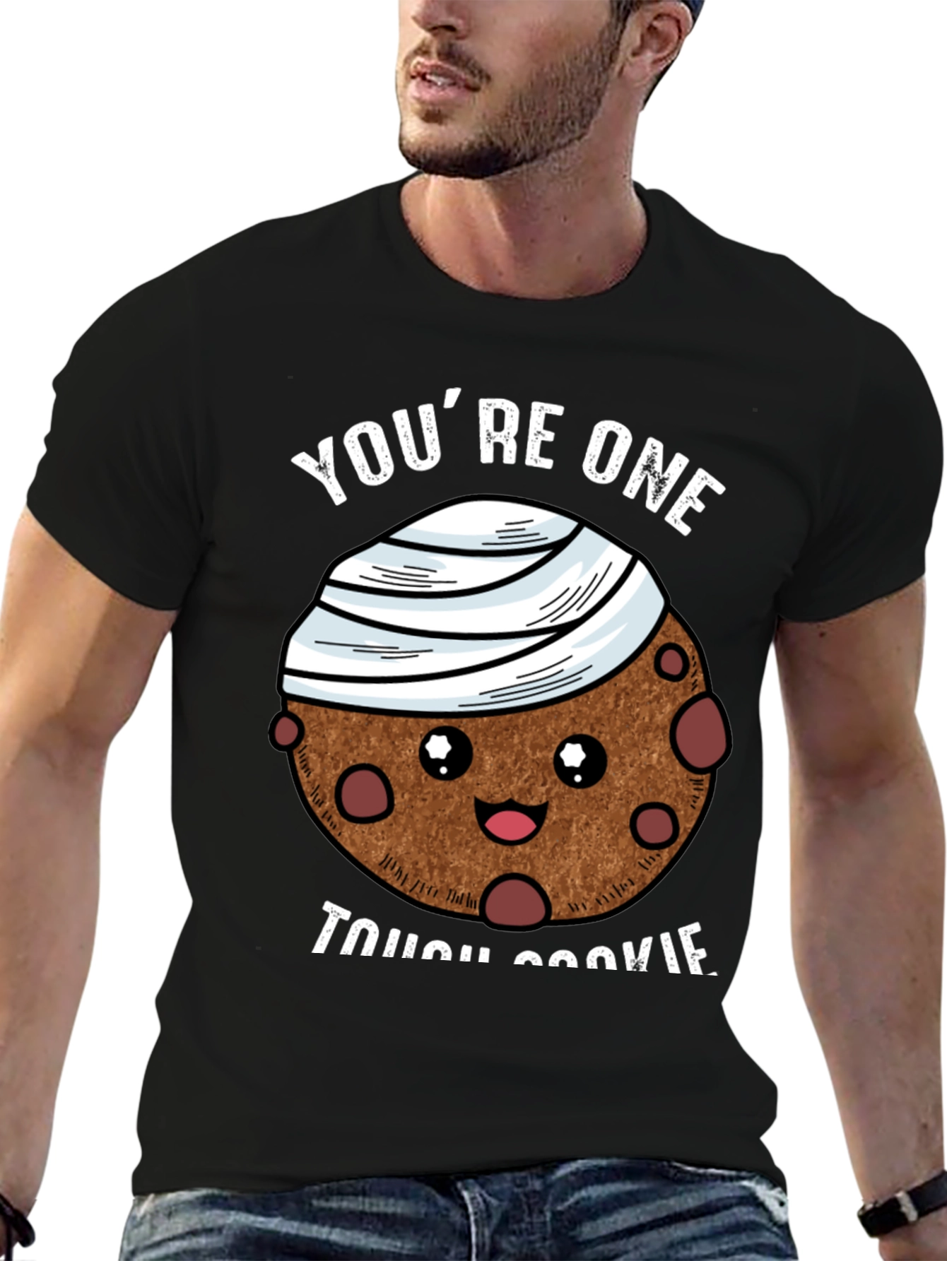 Black Tough Cookie Graphic T-Shirt: Cute Bandaged Cookie Design view 6