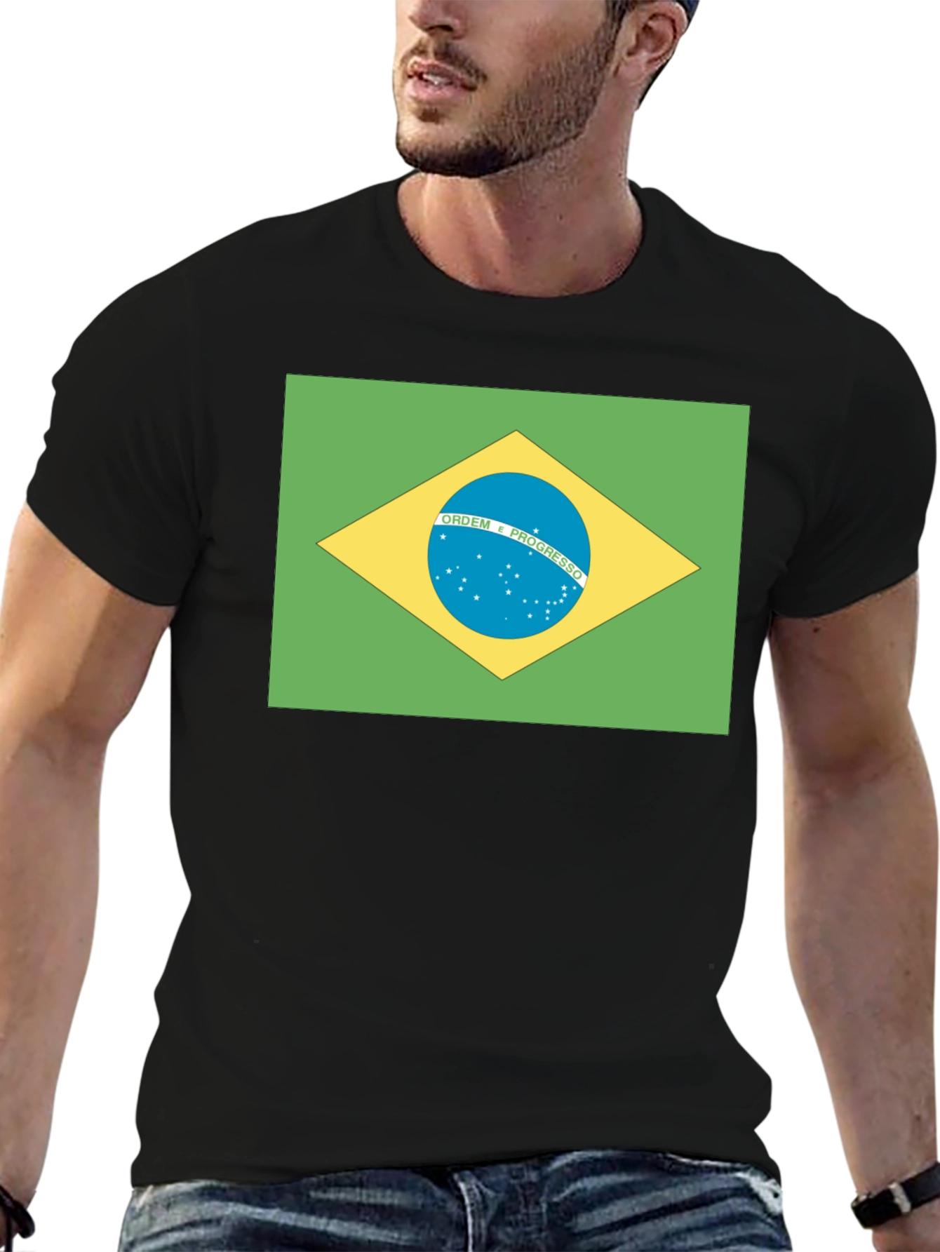 Black Brazil Flag T-Shirt - Black Crew Neck Tee view 6