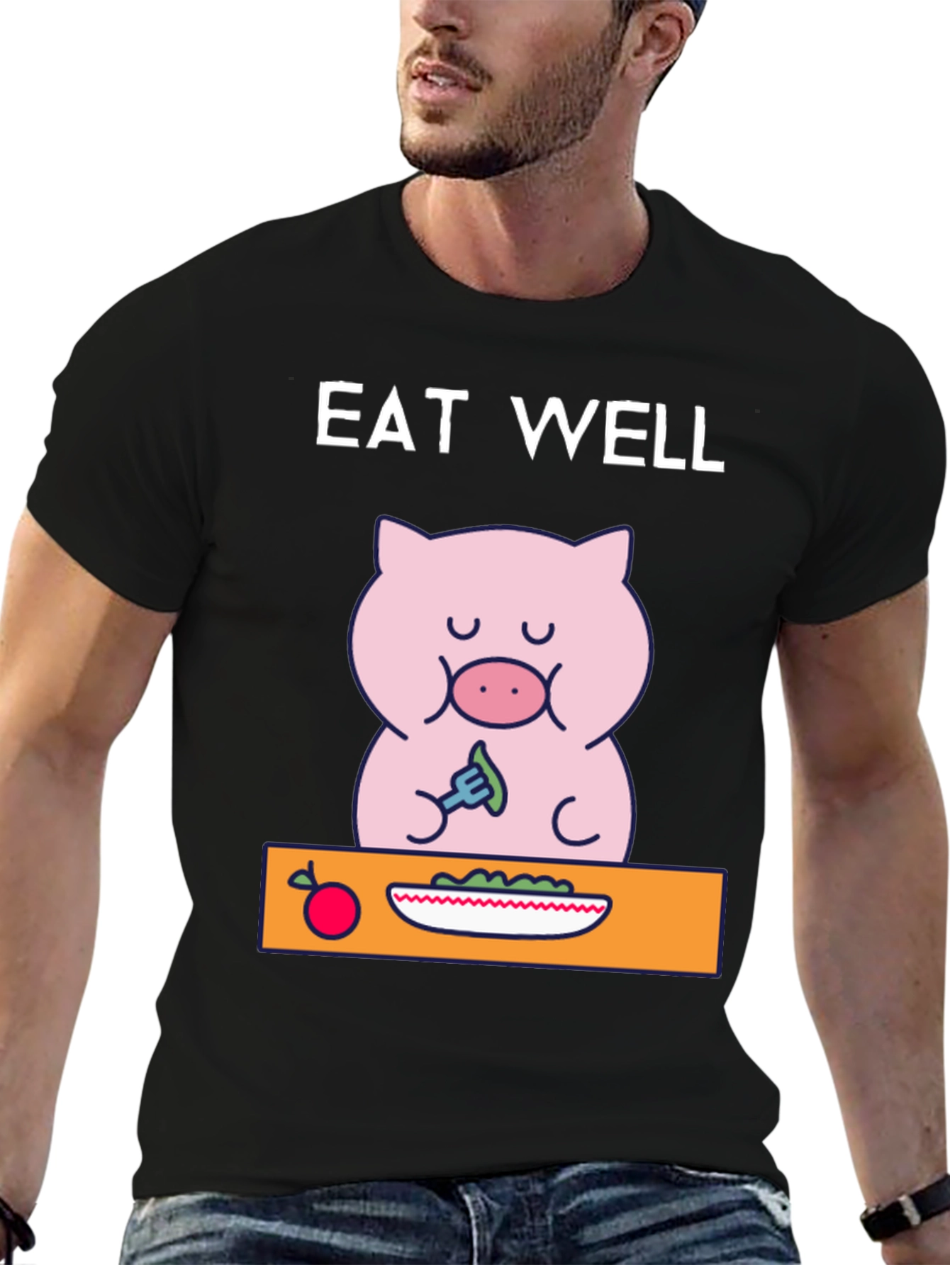 Black Eat Well Pig T-Shirt - Funny Cartoon Tee view 6