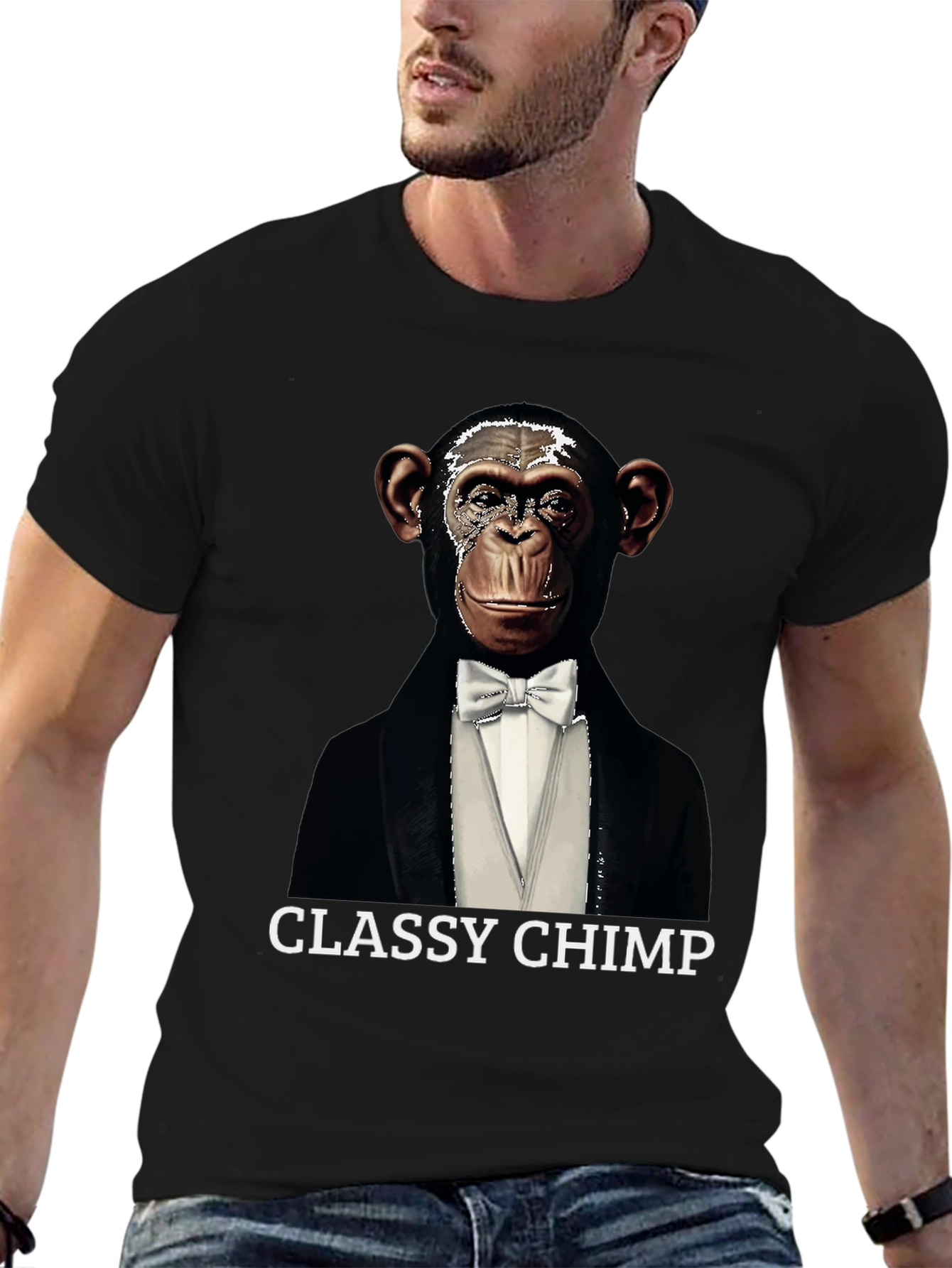 Black Classy Chimp Graphic Tee - Novelty Tuxedo T-Shirt view 6