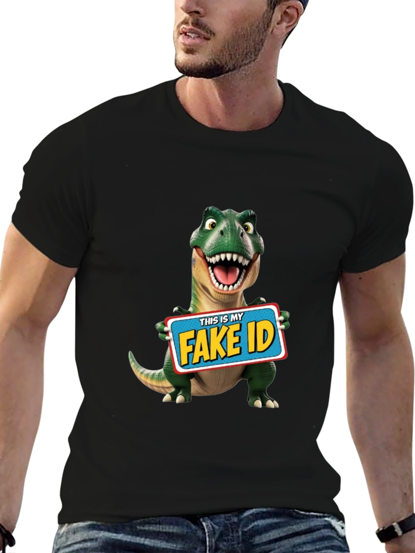 Black Funny Dinosaur Fake ID T-Shirt view 6