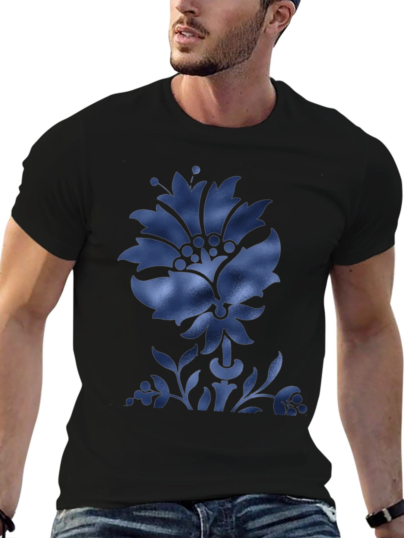 Black Men's Black T-Shirt with Blue Floral Design view 6