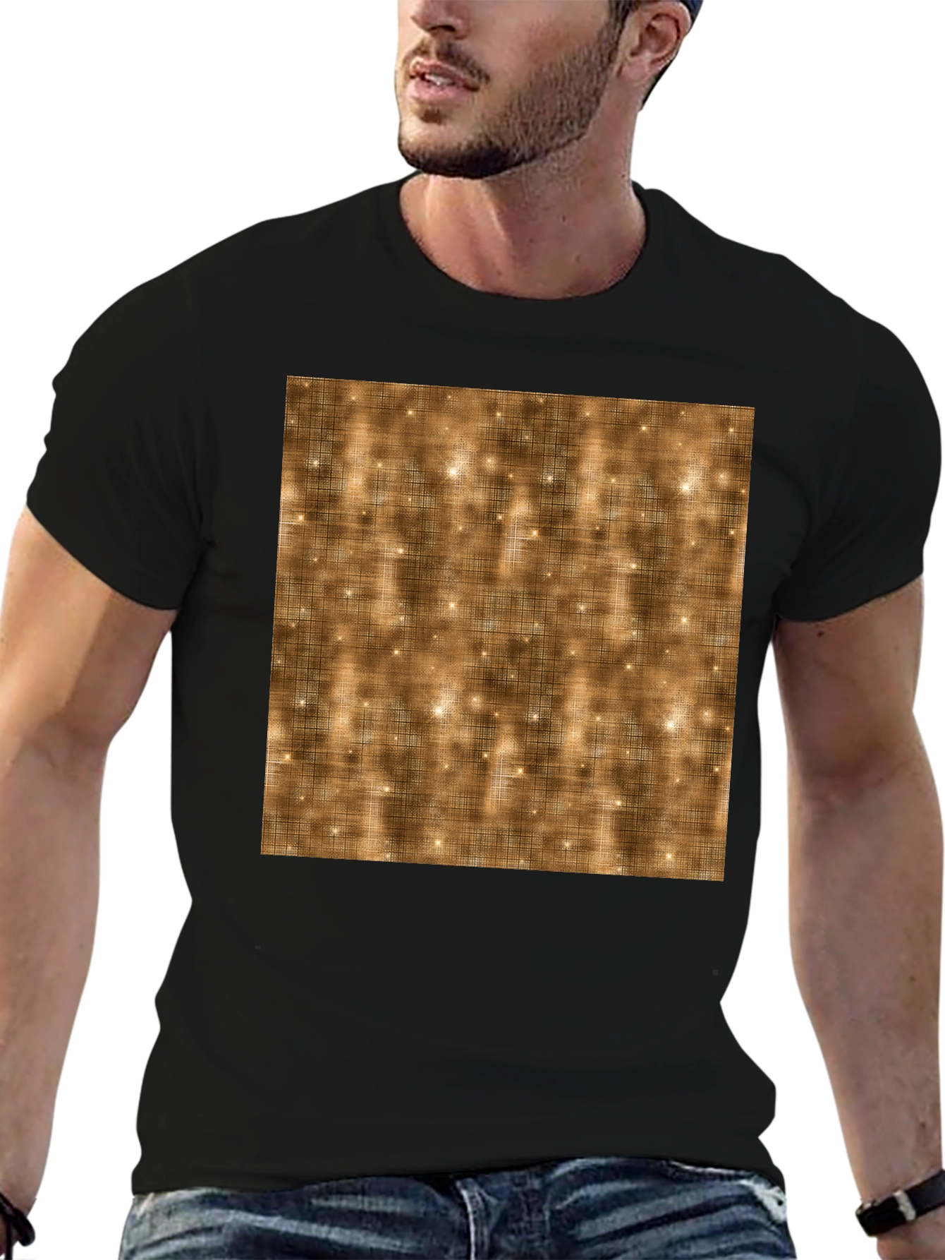 Black Men's Black T-Shirt with Abstract Gold Pattern view 6