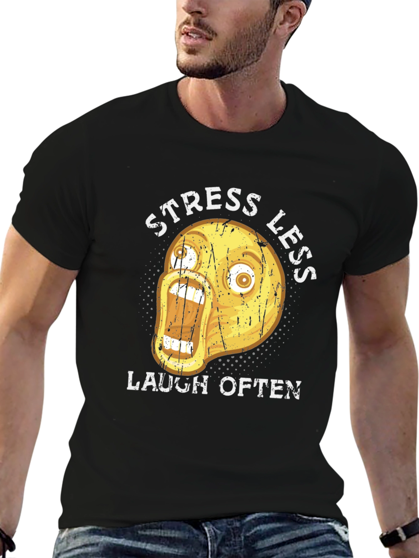 Black Funny Emoji Graphic T-Shirt - Stress Less Laugh Often view 6