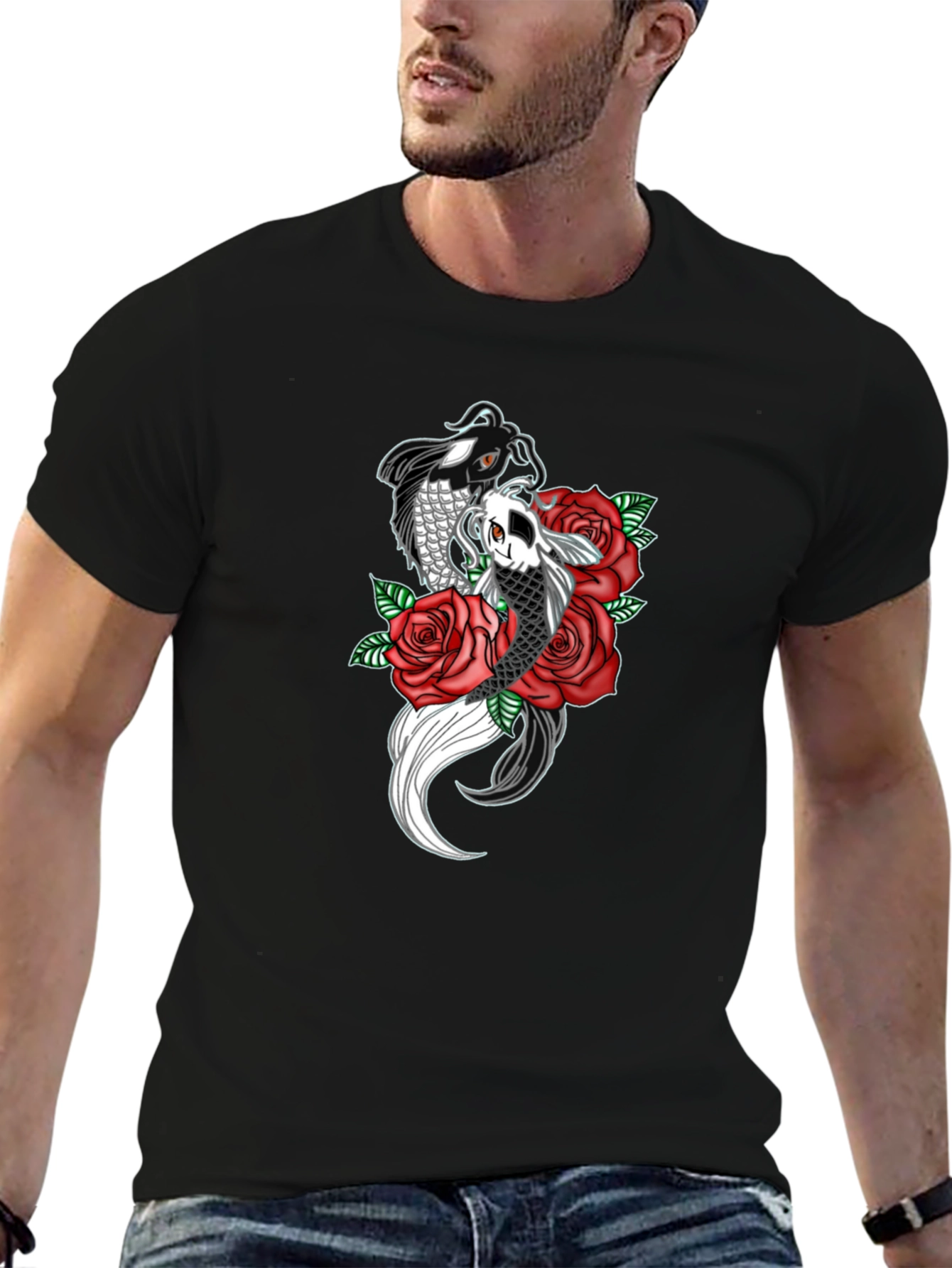 Black Koi Fish & Roses Graphic Print Black T-Shirt view 6