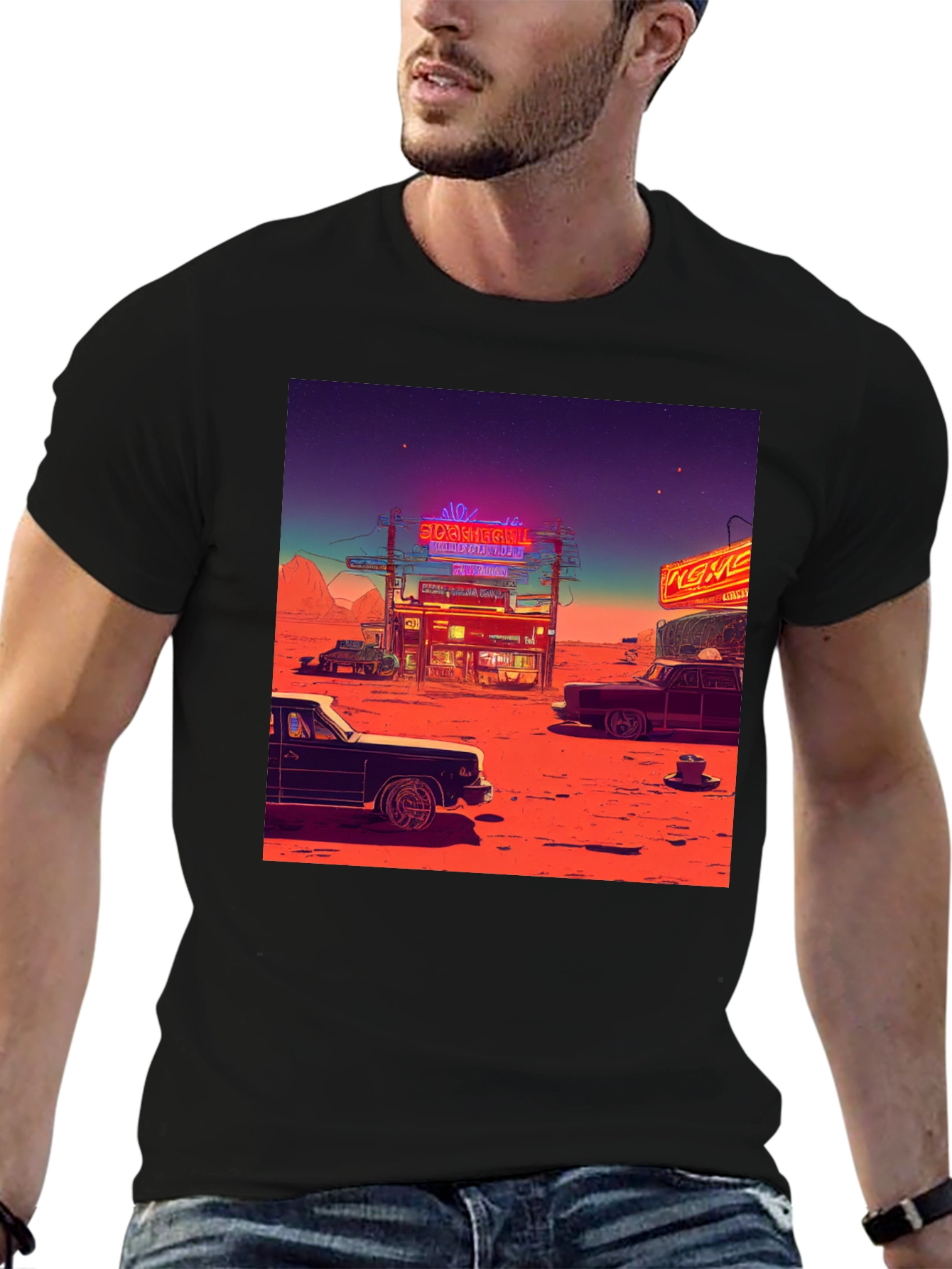 Black Retro Desert Neon T-Shirt view 6
