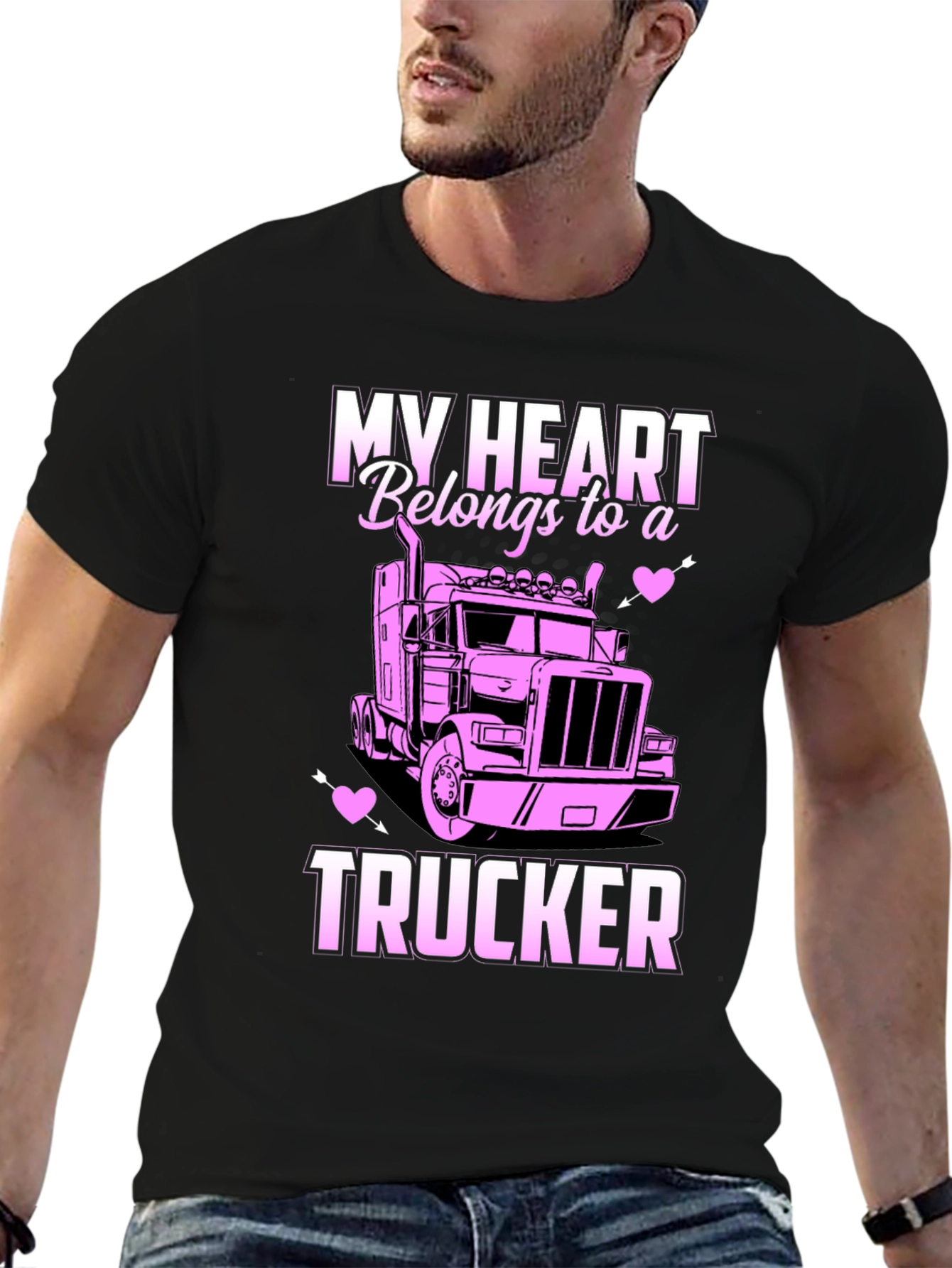 My Heart Belongs to a Trucker Black T-Shirt - 6