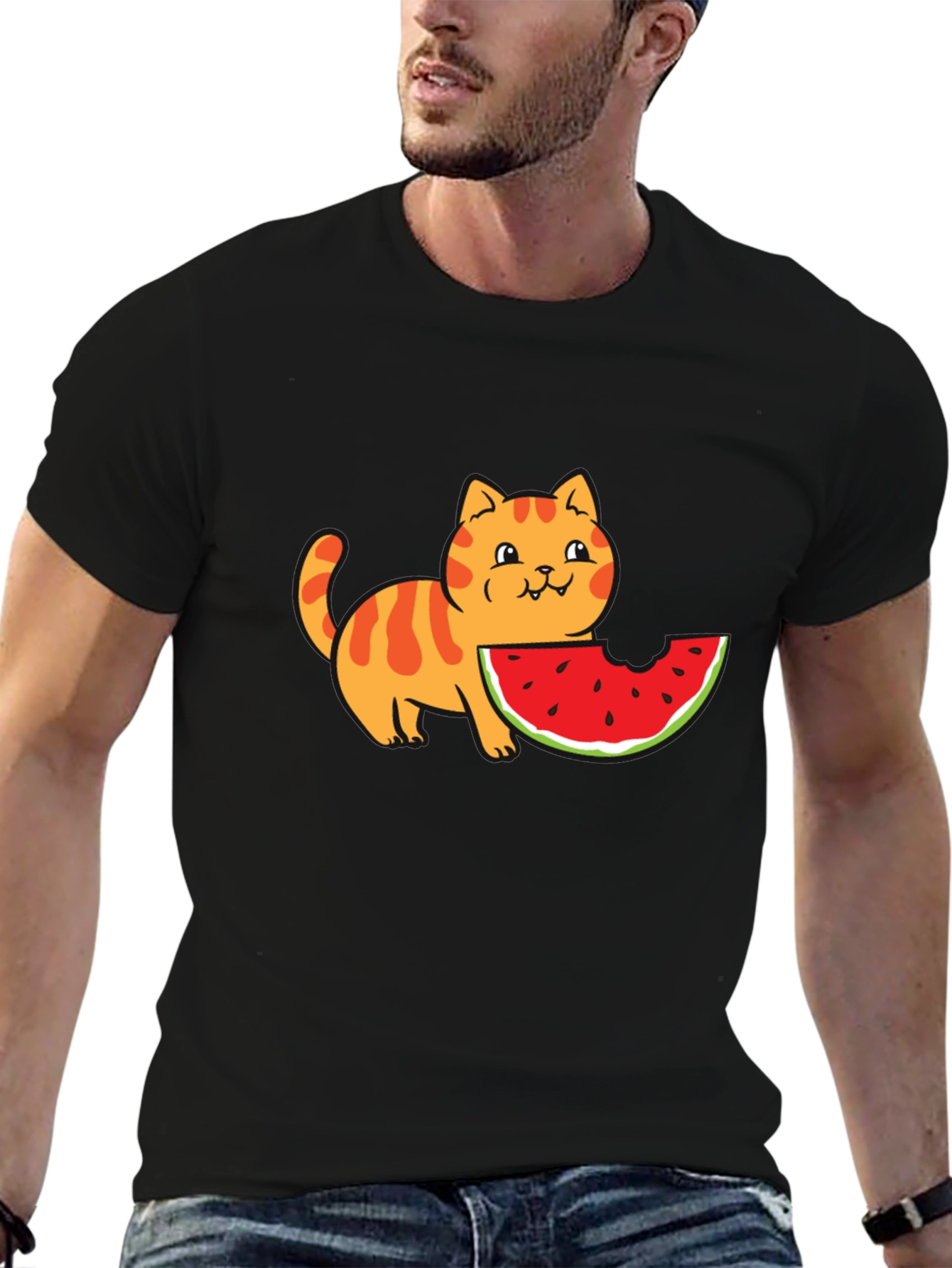 Black Cartoon Cat Watermelon Black T-Shirt view 6