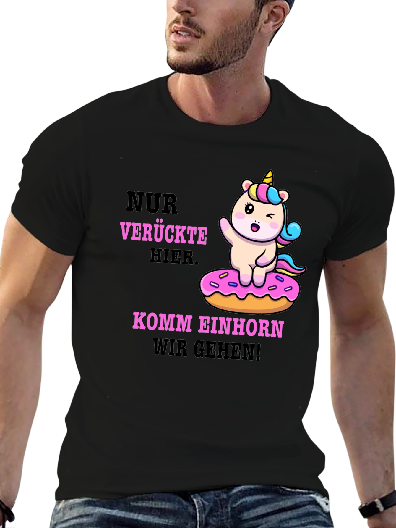 Black Funny Unicorn Donut T-Shirt - Verruckte Hier Komm Einhorn view 6