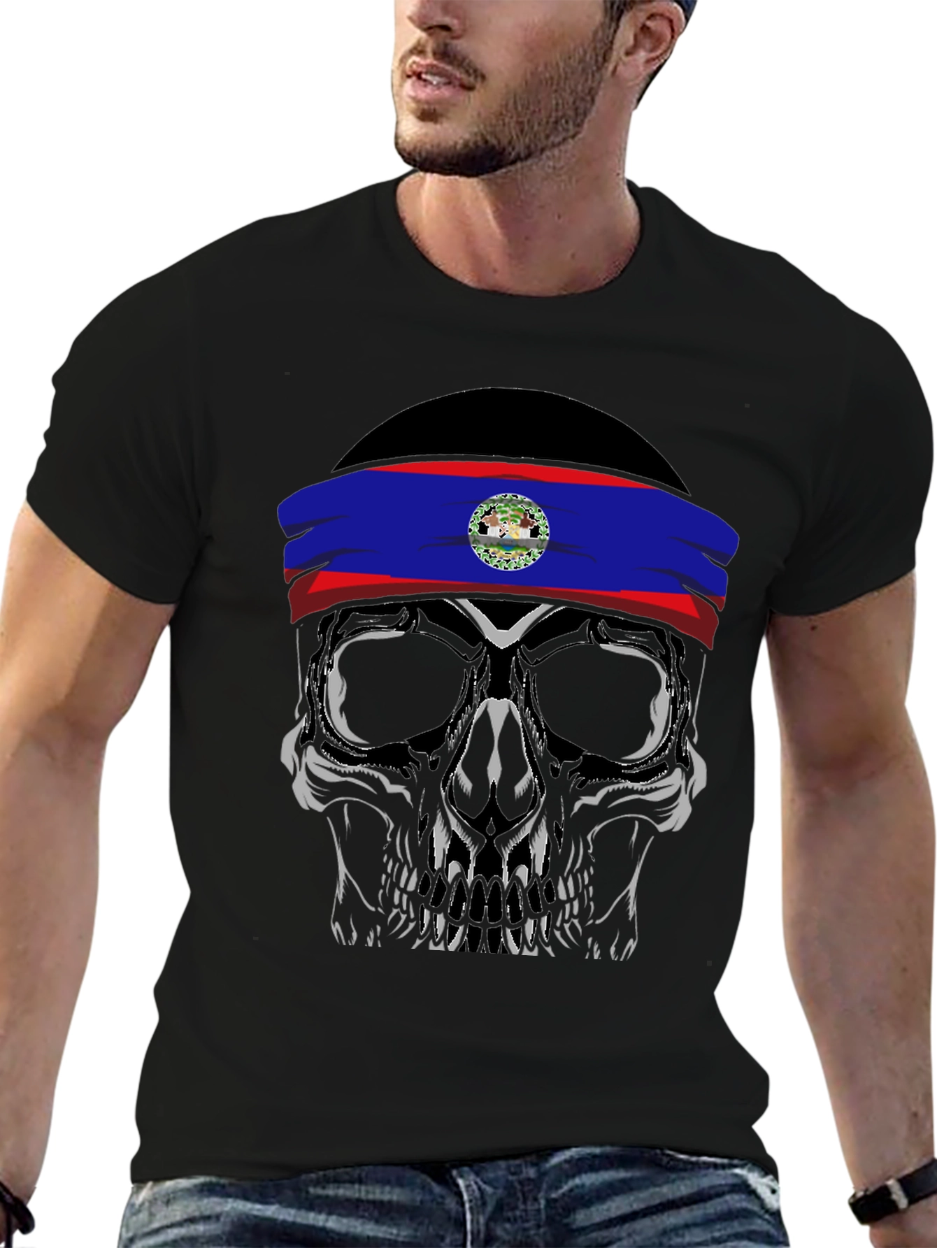 Black Skull with Belize Flag Headband T-Shirt view 6