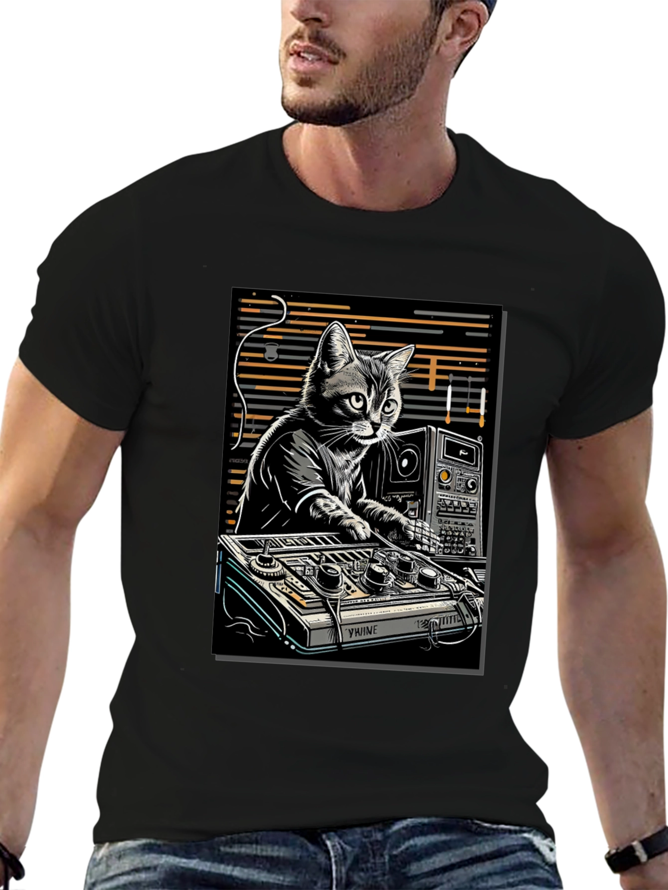 Black DJ Cat Graphic T-Shirt view 6