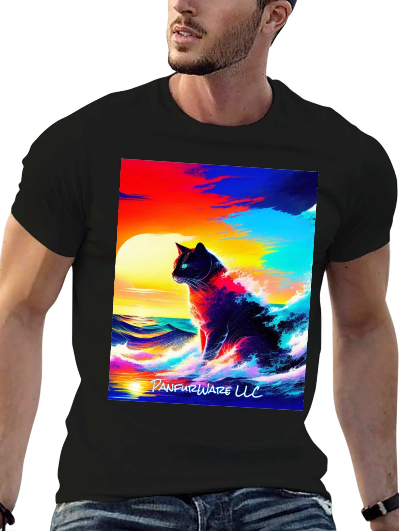 Black Cat Waves T-Shirt - Artistic Sunset Design view 6