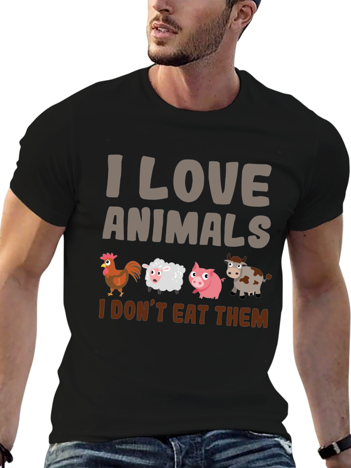 Black I Love Animals T-Shirt - Vegan Statement Tee view 6