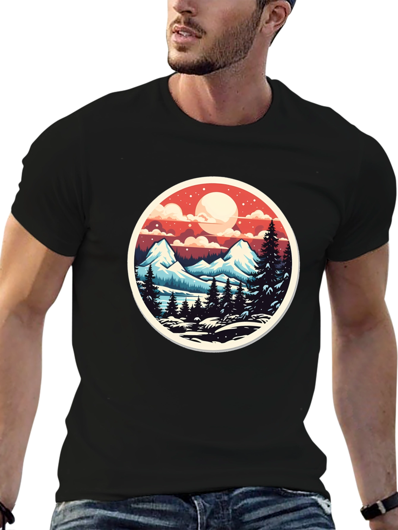 Black Mountain Landscape Graphic Tee - Black Casual T-Shirt view 6