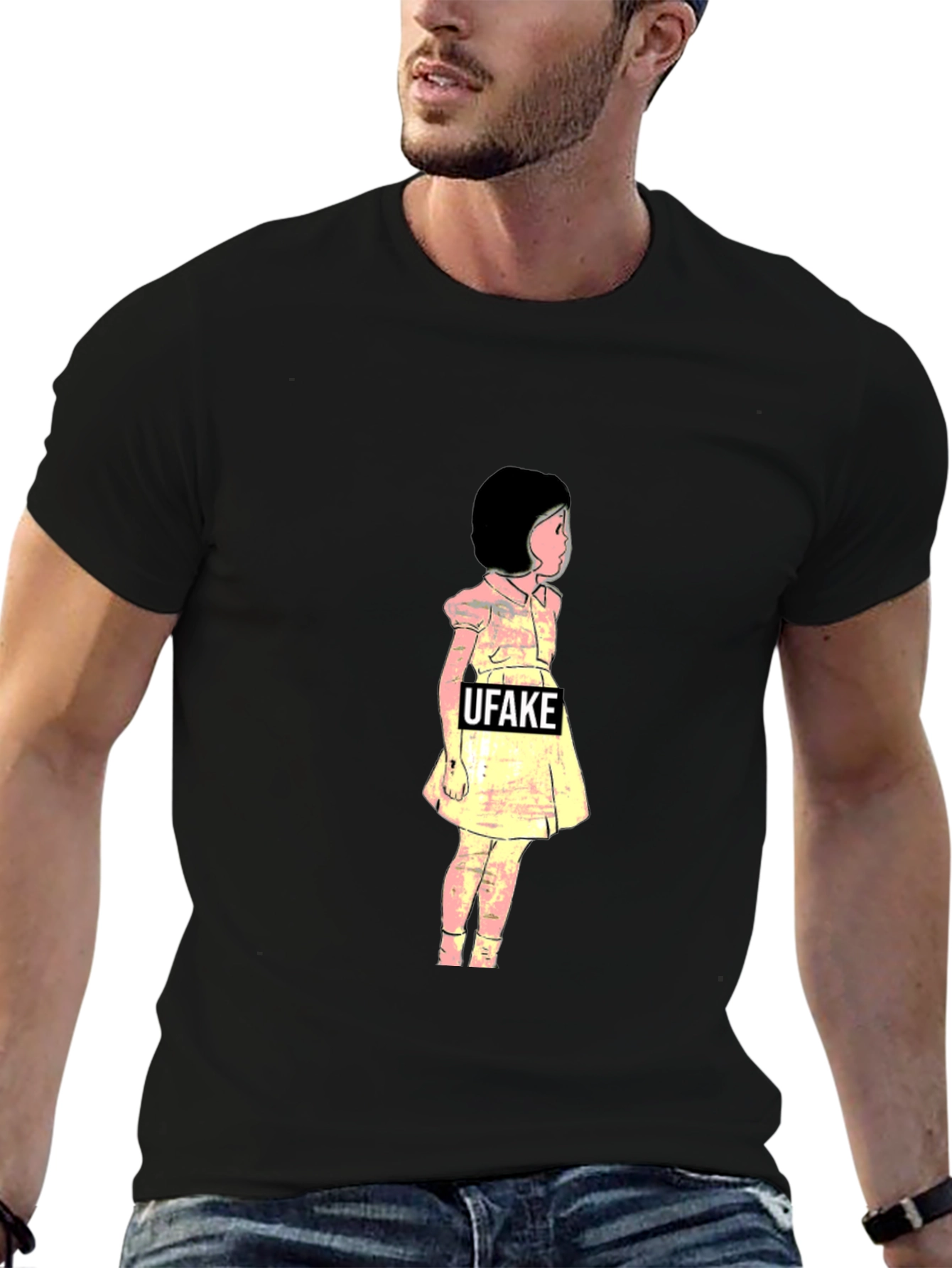 Black Artistic Black T-Shirt with UFAKE Girl Design view 6