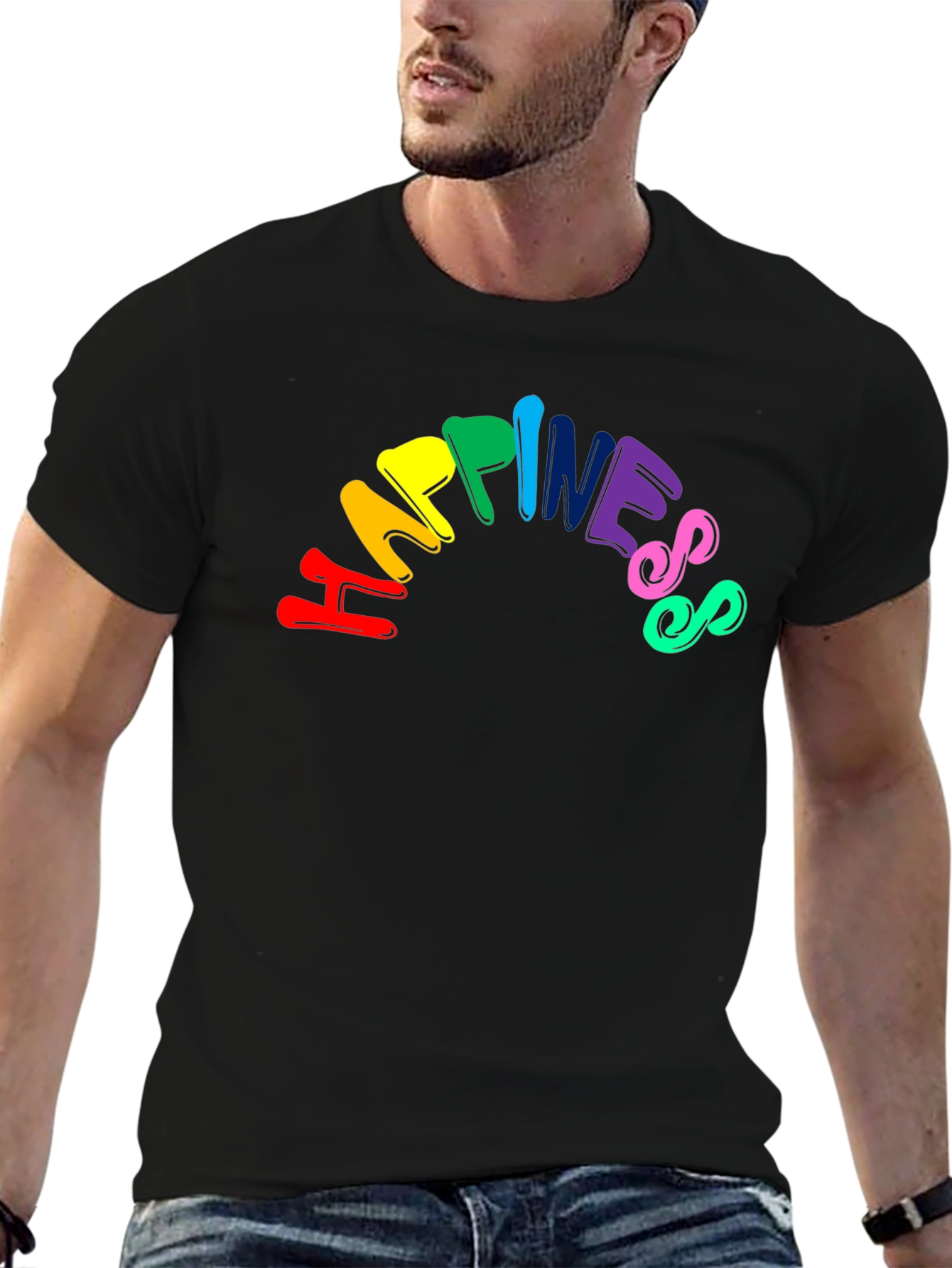Black Happiness Rainbow Graphic Tee - Unisex Black T-Shirt view 6