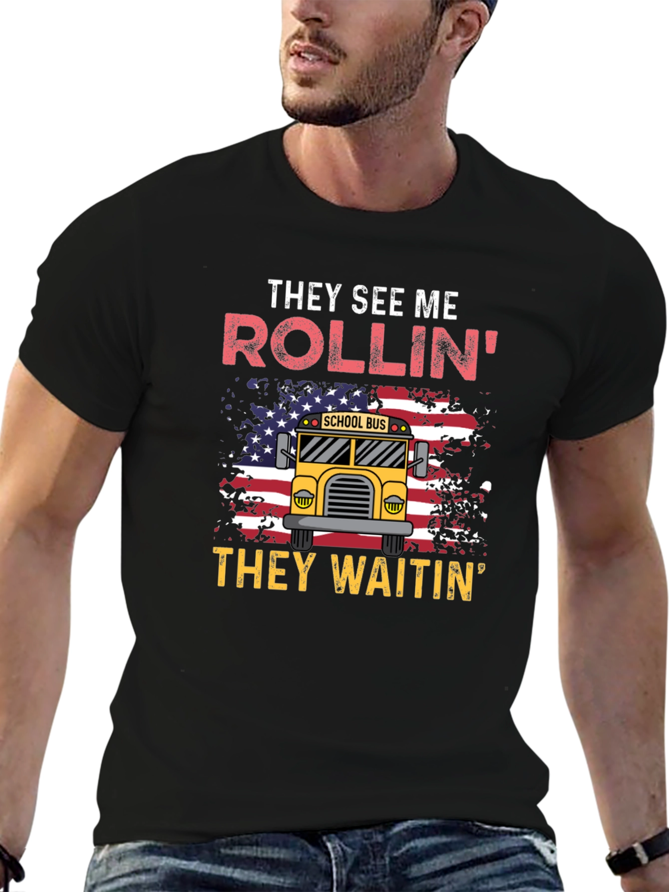 Black They See Me Rollin' T-Shirt School Bus view 6