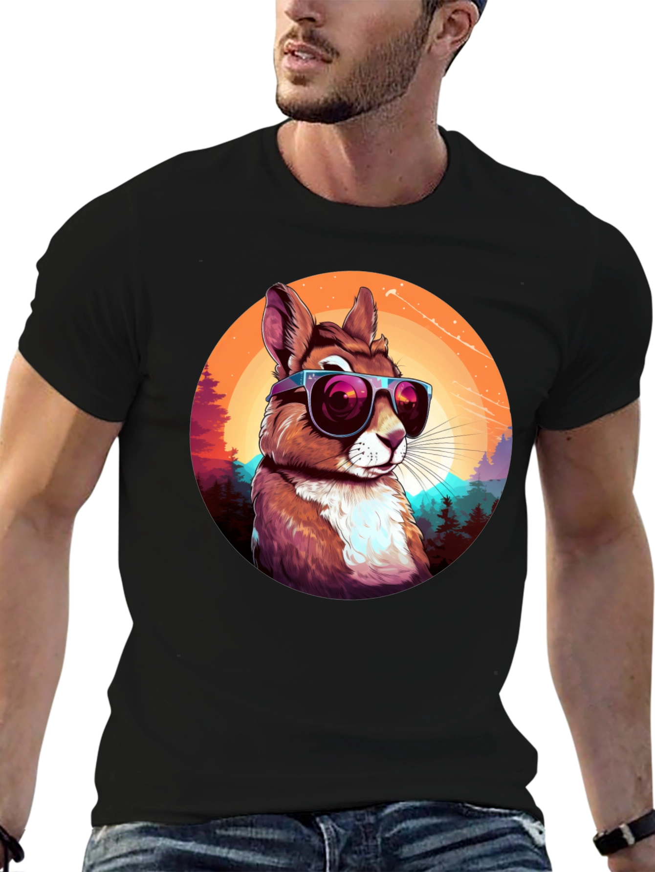 Black Cool Squirrel Graphic Tee - Retro Sunset Design view 6