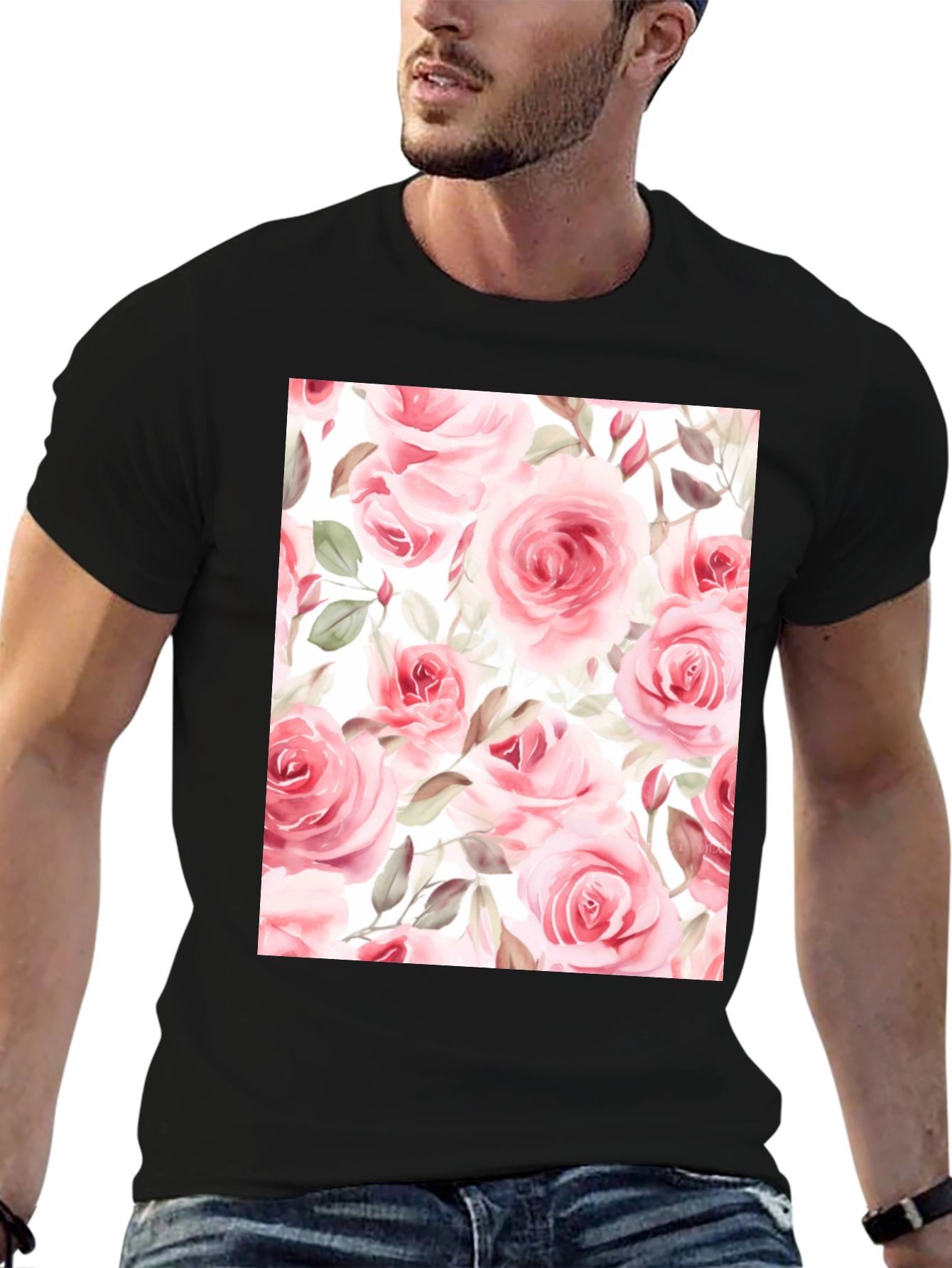 Black Floral Rose Print Black T-Shirt view 6