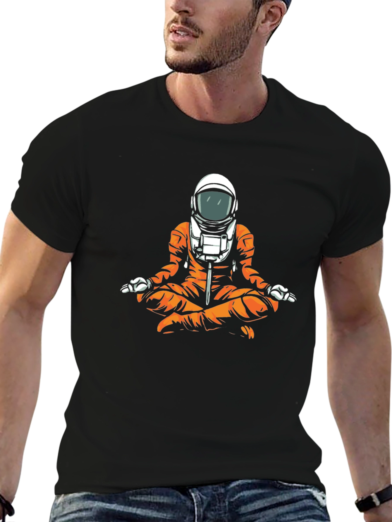 Black Meditating Astronaut Graphic T-Shirt - Space Yogi Tee view 6