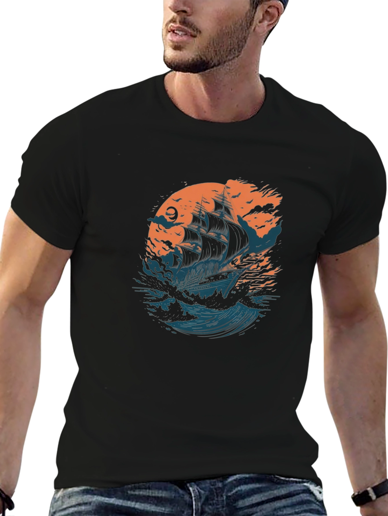 Black Sailing Ship Graphic Black T-Shirt view 6