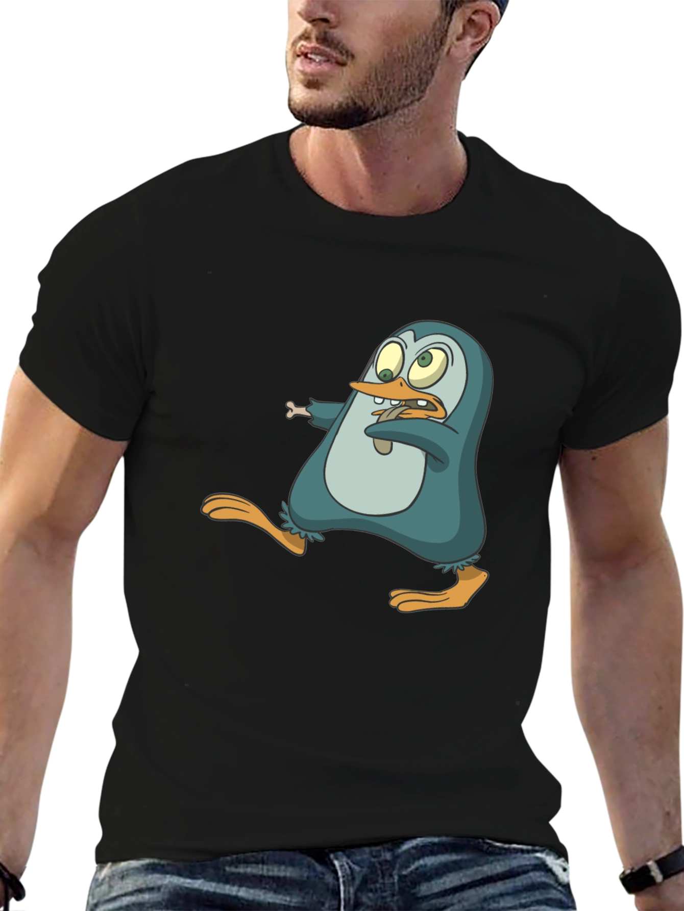 Black Cartoon Penguin Graphic Tee - Men's Black T-Shirt view 6