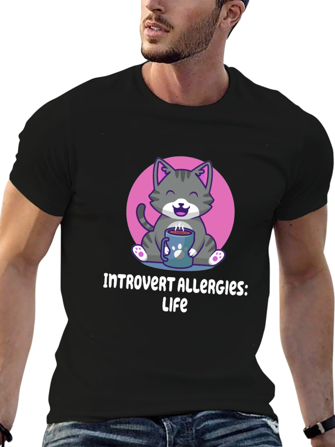 Black Introvert Allergies T-Shirt, Cute Cat Design view 6